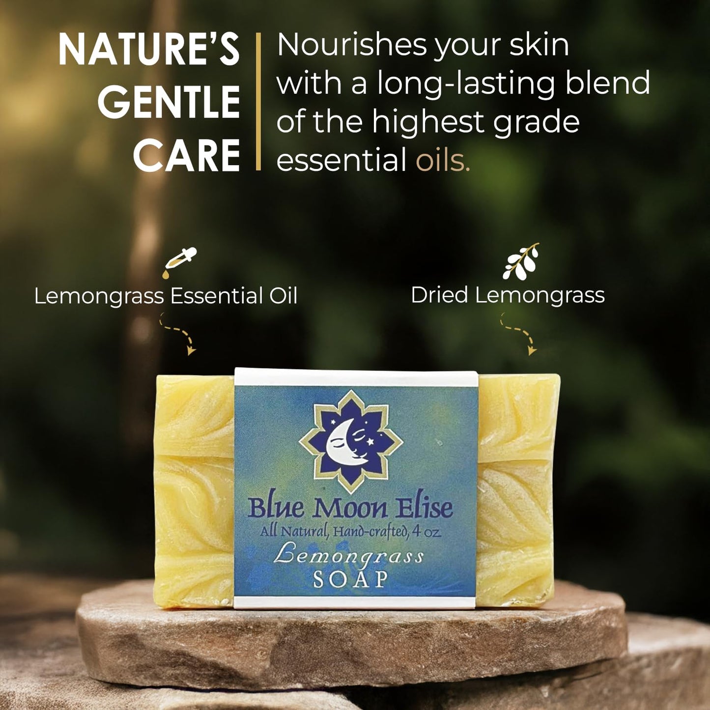 Blue Moon Elise All Natural Lemongrass Soap Bars, Scented with Premium Essential Oils, Handmade in the USA, Moisturizing and Therapeutic for Face/Body, For Sensitive Skin, For Men and Women (3 Pack)