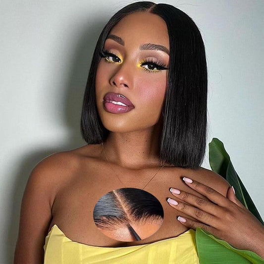 Keytac Bob Wig Human Hair Glueless Wear and Go Pre Plucked Pre Cut Straight Short Bob Lace Front Wigs for Women 5x5 Hd Lace Closure Wig 12 Inch Brazilian Virgin Hair 180% Density Natural Black