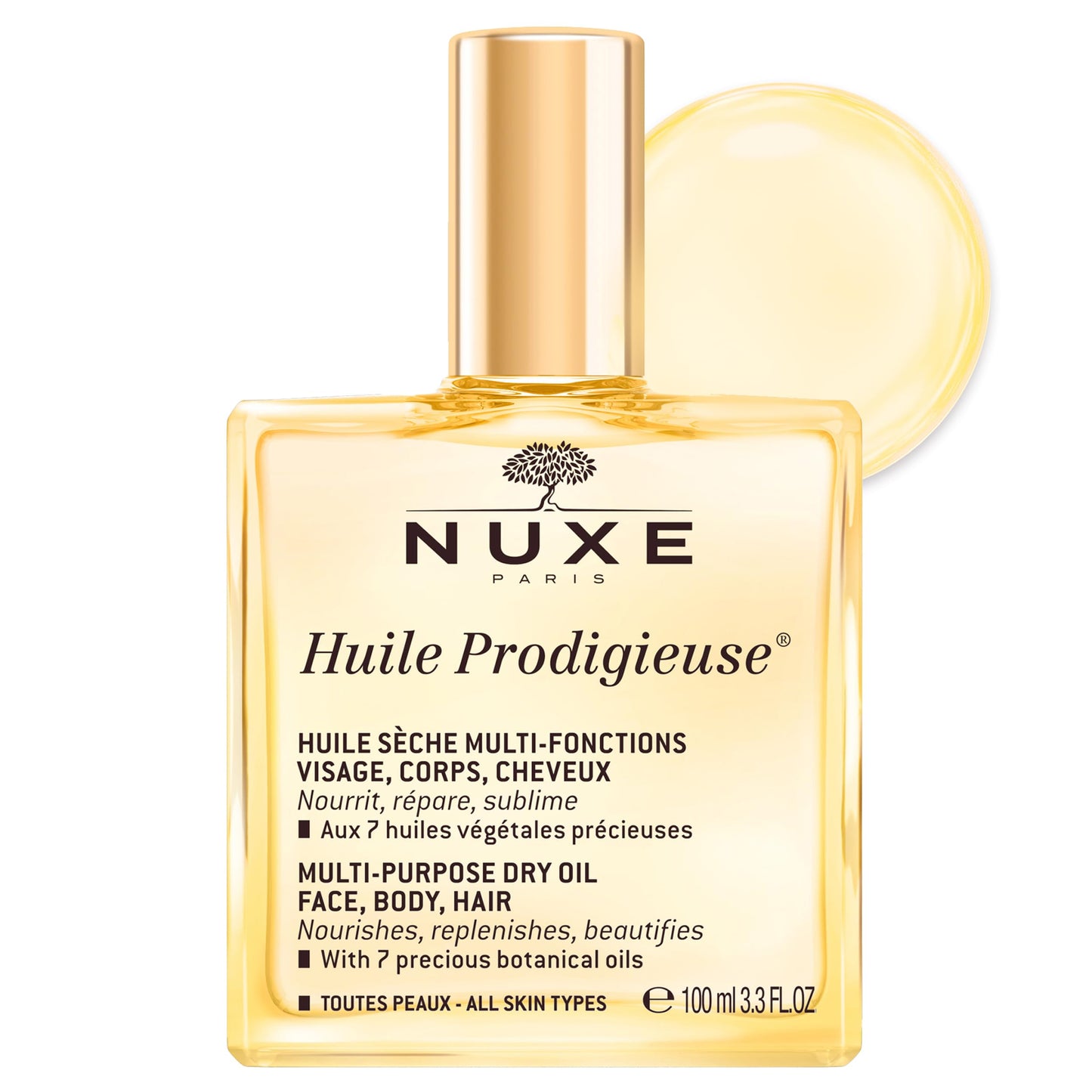 NUXE Huile Prodigieuse Multi-Purpose Dry Oil with 7 Botanical Oils for Radiant Glow and Hydration for Face, Body & Hair, 3.3 Fl Oz