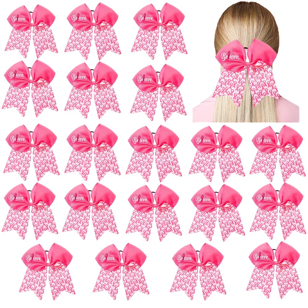 20 Pieces 7 Inch Breast Cancer Awareness Cheer Bows Pink Ribbon Hair Band Elastic Scrunchies Cheerleading with Hair Band Hair Accessories for Teens Women (Believe）