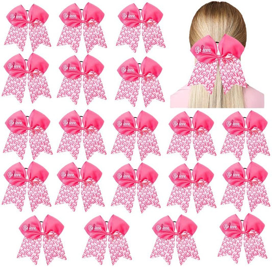 20 Pieces 7 Inch Breast Cancer Awareness Cheer Bows Pink Ribbon Hair Band Elastic Scrunchies Cheerleading with Hair Band Hair Accessories for Teens Women (Believe）