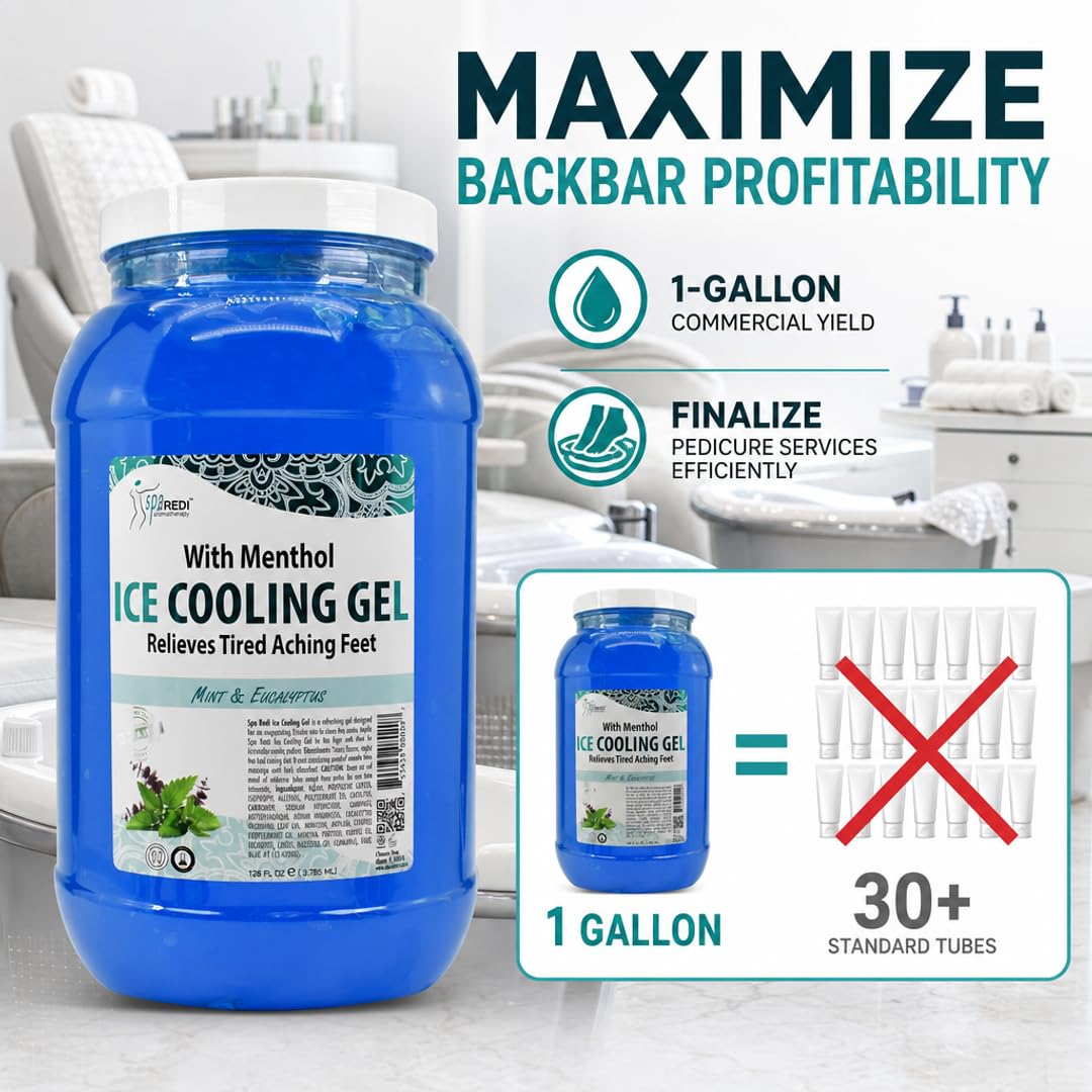 SPA REDI Pedicure Massage Cooling Gel – Mint & Eucalyptus Cooling Foot Gel for Sore Feet & Foot Odor Relief | Sulfate-Free, Silicone-Free, Cruelty-Free | Professional Salon & At-Home Use | 1 Gallon