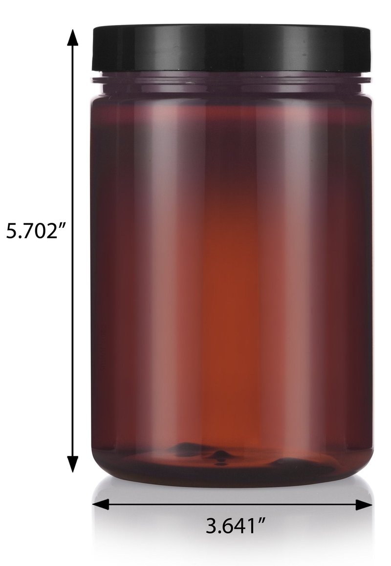 (6 pack) 25 oz Amber PET Plastic Refillable Jar with Black Smooth Foam Lined Lid