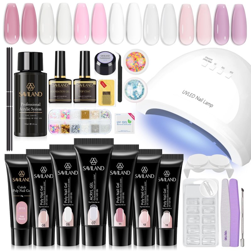 Saviland Poly Gel Nail Kit Starter Kit: Caster Oil Vitamin E Poly Nail Gel Kit 48W Nail Lamp 7 Color Plant-based Poly Extension Gel Nail Kit Base &Top Gel Complete Tools Home Nail Extensions Nail Care