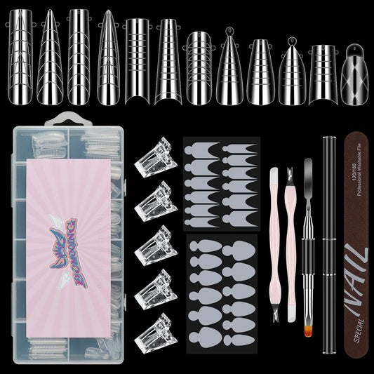 Nail Dual Forms for Poly Gel - 12 Styles & Sizes, 144Pcs Full Cover Nail Tips | Complete Extension Kit with Clips, Brush & Files