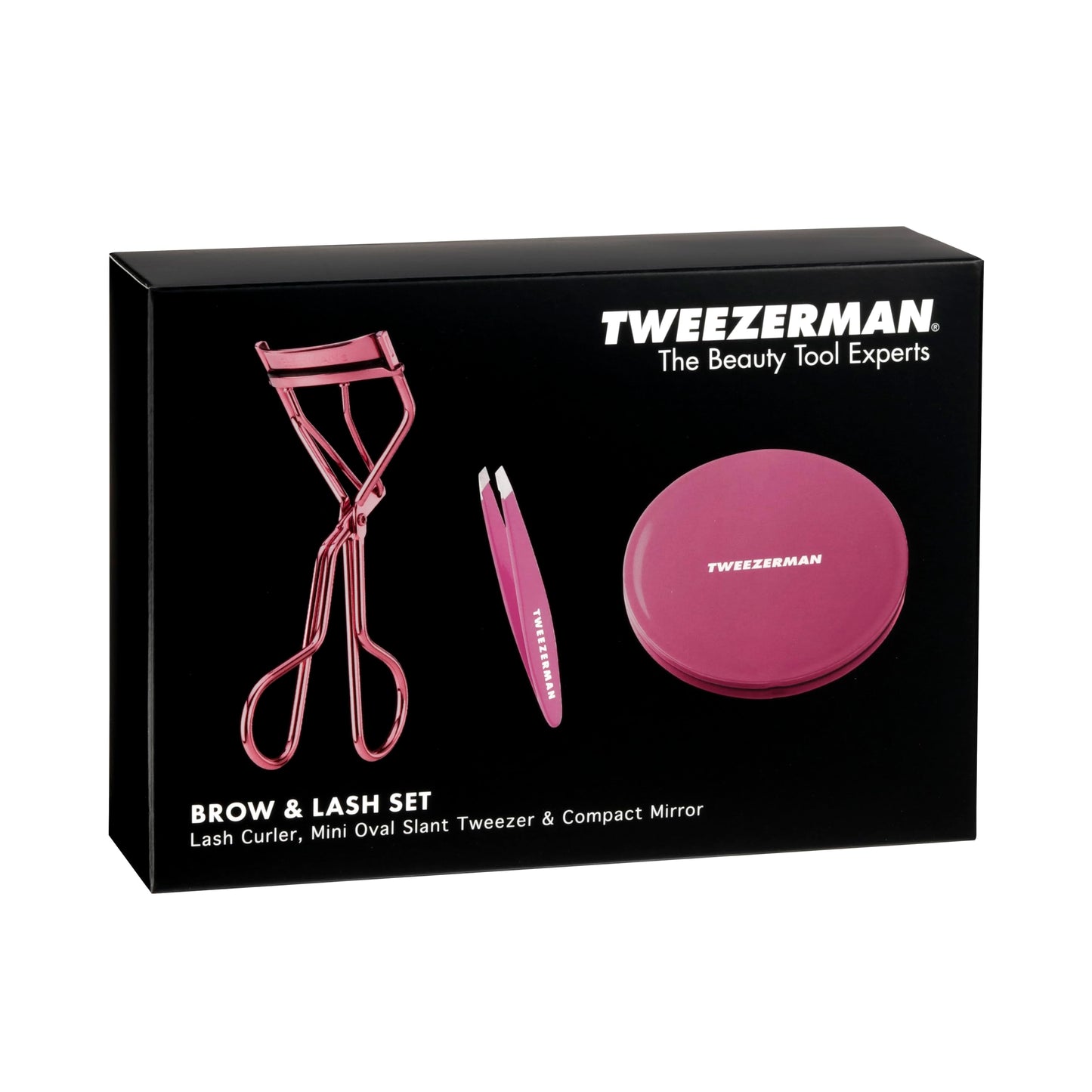 Tweezerman Brow & Lash Set - Compact Mirror, Mini Slant Tweezer and Lash Curler for All Eye Shapes