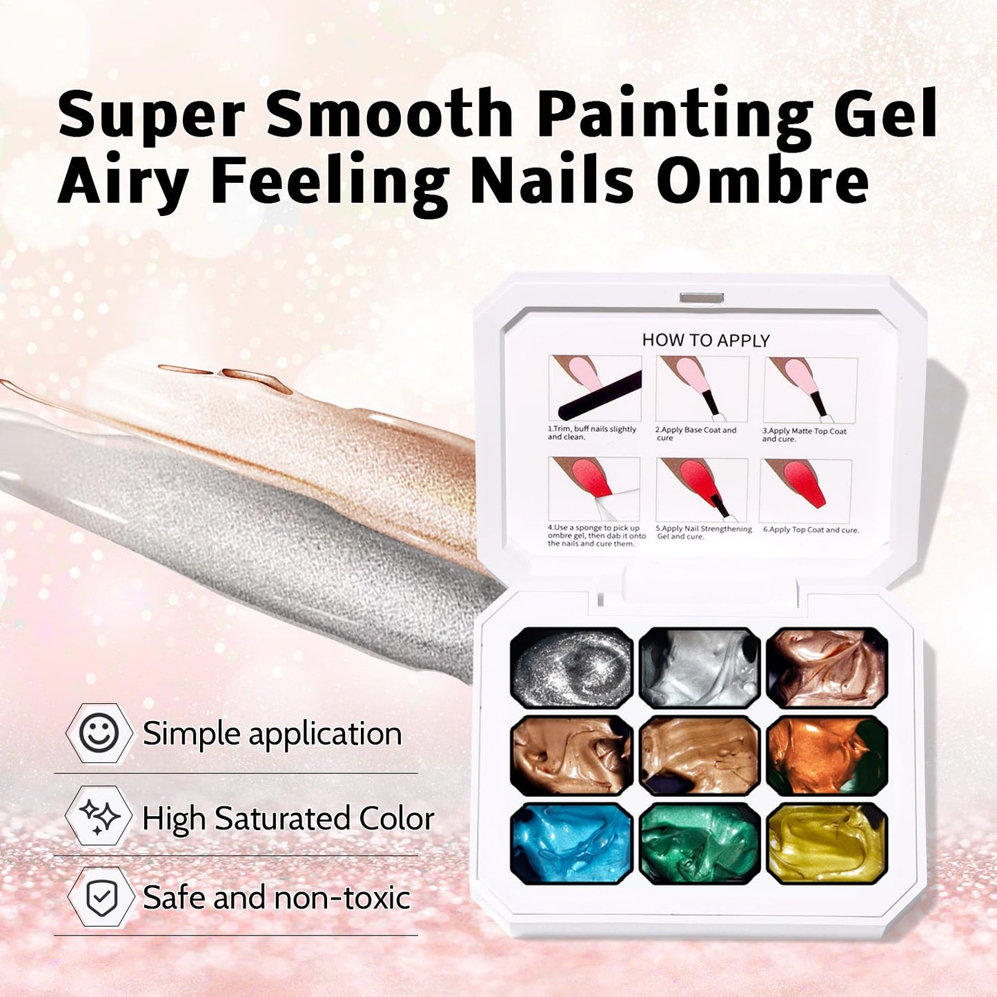 Ombre Nail Gel Set - 9 Colors Sponge Pat Paint for Floral Nail Art, No Wipe, UV/LED Curing