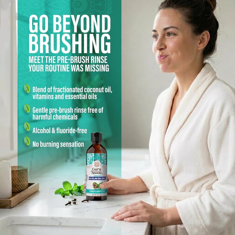 GuruNanda CocoMint Oil Pulling Mouthwash for Complete Oral Hygiene, 7 Essential Oils & Vitamins for Happy Teeth & Gums & Fresh Breath, with 2 Toothbrushes & 2 Tongue Scrapers, Alcohol-Free, 3X8 oz