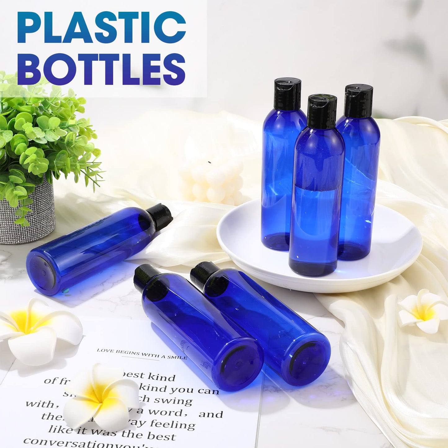 Eccliy 48 Pack 8oz Empty Plastic Squeeze Bottles with Disc Caps Travel Containers Refillable Plastic Empty Bottles with Caps for Shampoo, Lotions, Liquid Body Soap, Creams (Blue)