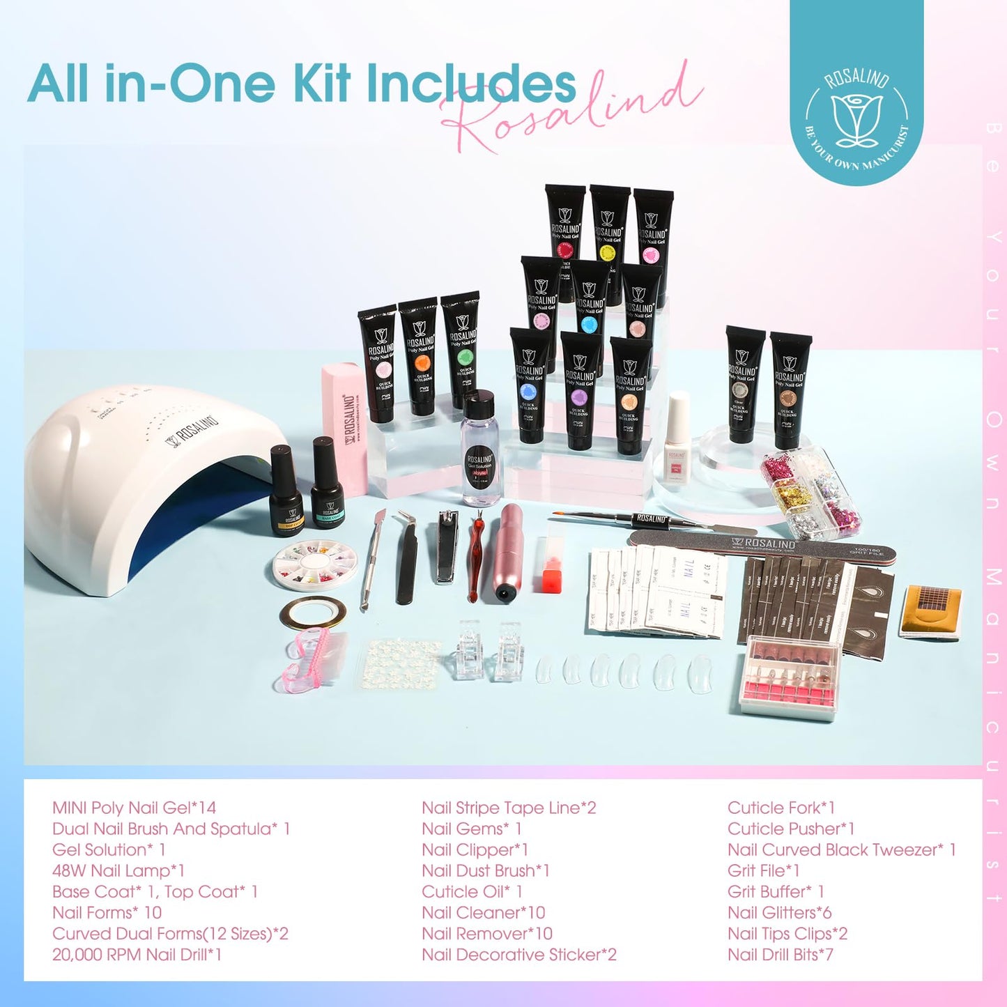ROSALIND Neon Poly Nail Gel Kit with Drill -14 Colors Poly Extension Gel with U V Lamp Slip Solution and Electric Nail Drill Starter Kit, 0.34 oz/10 ml Nails Extension Set Home Salon DIY for