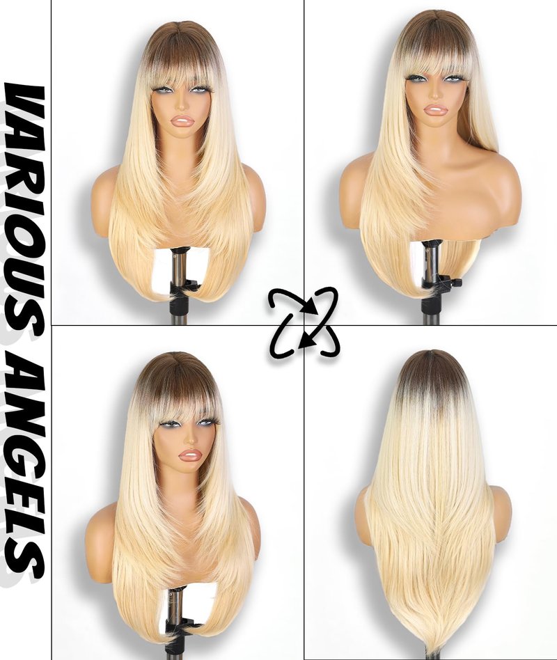 ENTRANCED STYLES Brown Wig With Bangs 26 Inch Long Straight Wigs for Women Dark Brown Layered Hair Synthetic Heat Resistant Hair for Daily Party Use