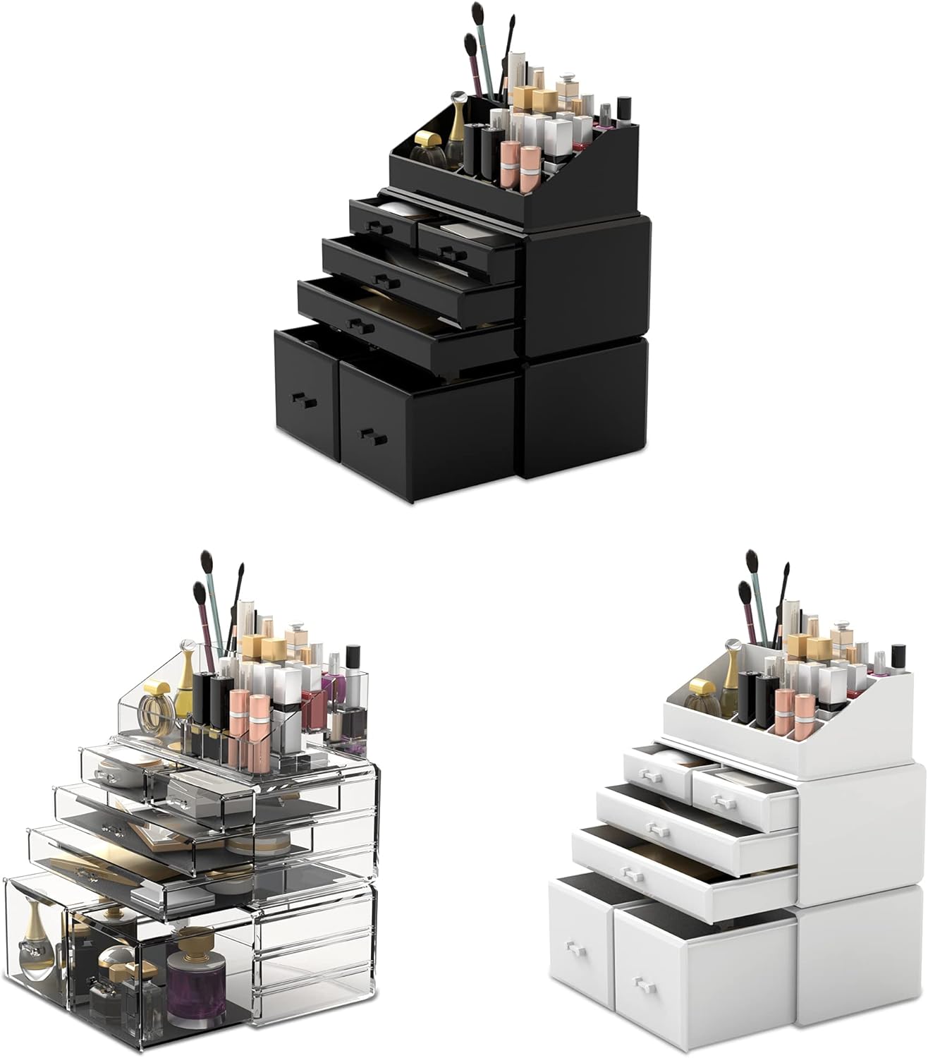 Makeup Organizer - 3-Piece Cosmetic Storage Case with 6 Drawers | Black