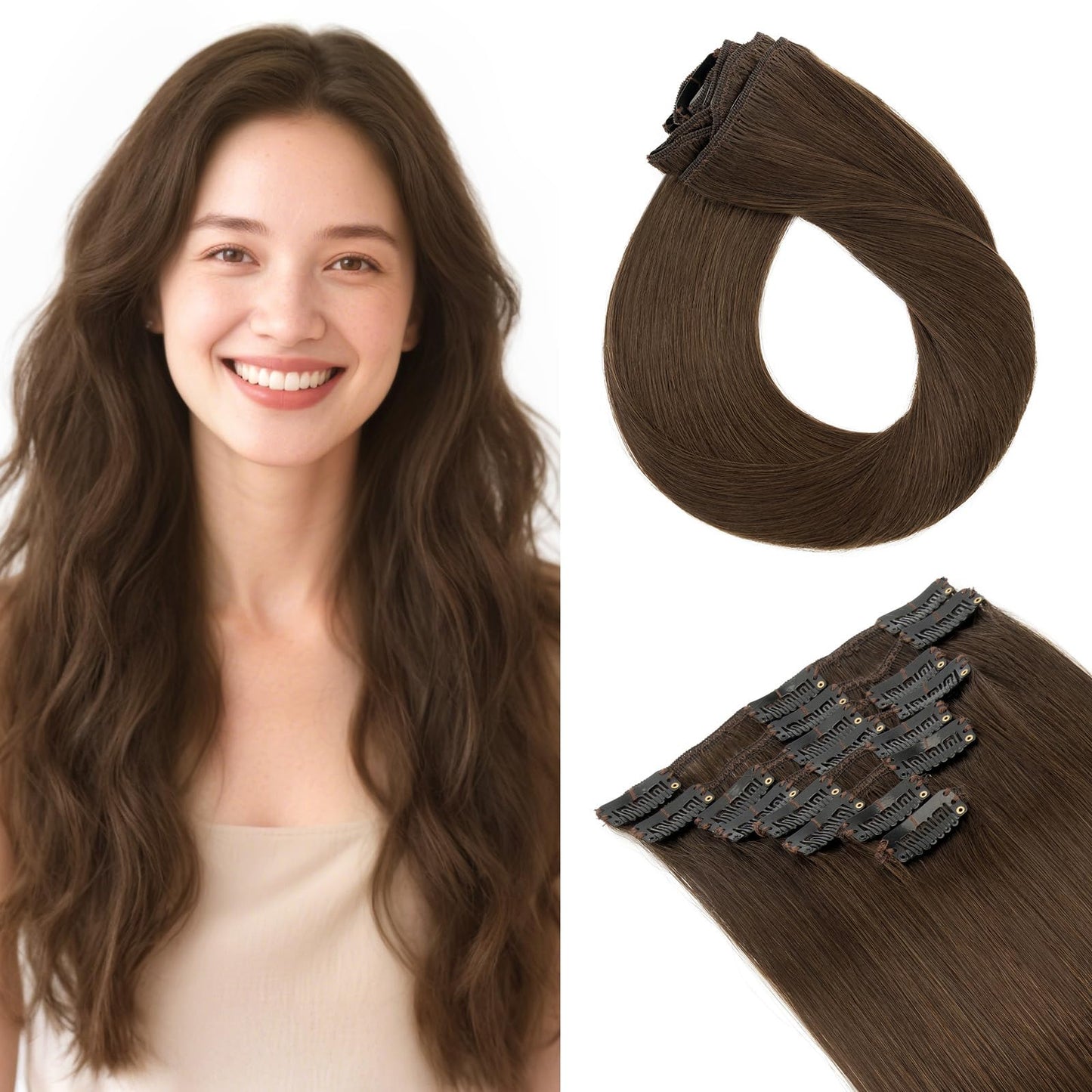 TESS Seamless Clip in Hair Extensions Human Hair Remy Clip ins Natural Soft Straight 8pcs 18Clips, 14 Inch, Dark Brown