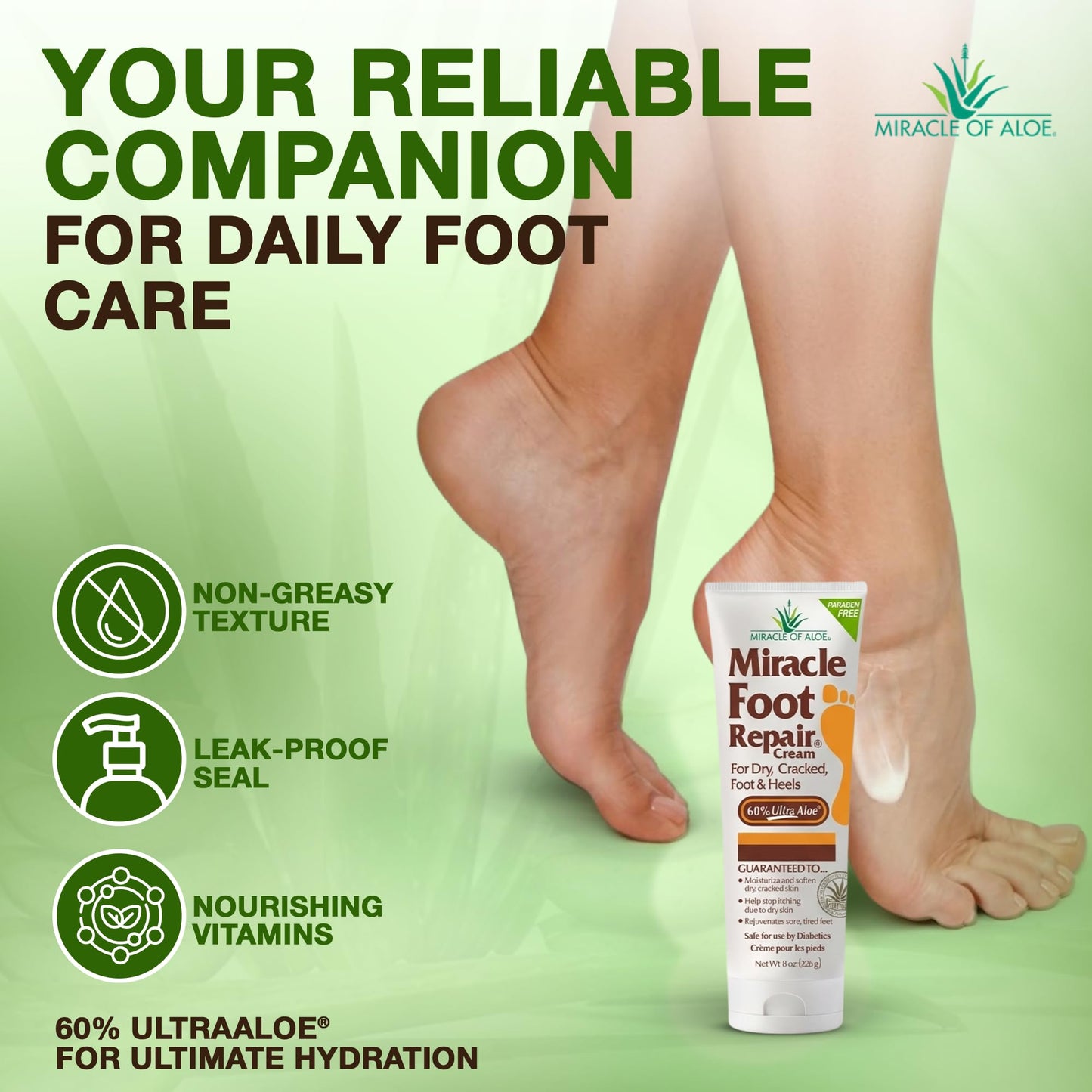Miracle Foot Repair Cream (8 oz / 2-Pack) Repairs Dry Cracked Heels and Feet, 60% Pure UltraAloe Moisturizes, Softens, and Repairs