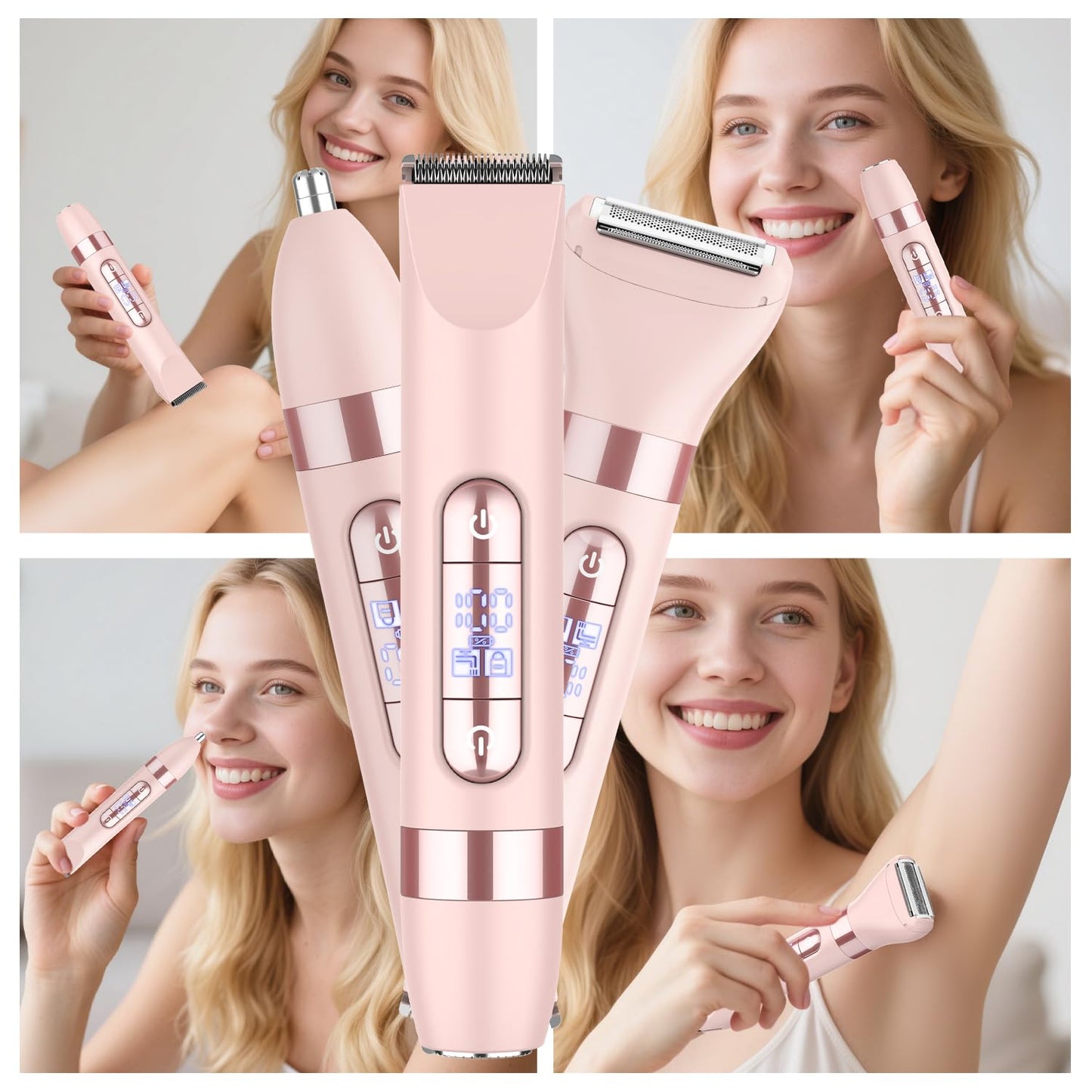 Hatteker 4-in-1 Women's Electric Razor, Dual-Head Body Hair Trimmer for Women, IPX7 Waterproof Rechargeable Bikini Trimmer & Facial Hair Remover for Legs, Armpits, Face, Nose, Eyebrows, Pink