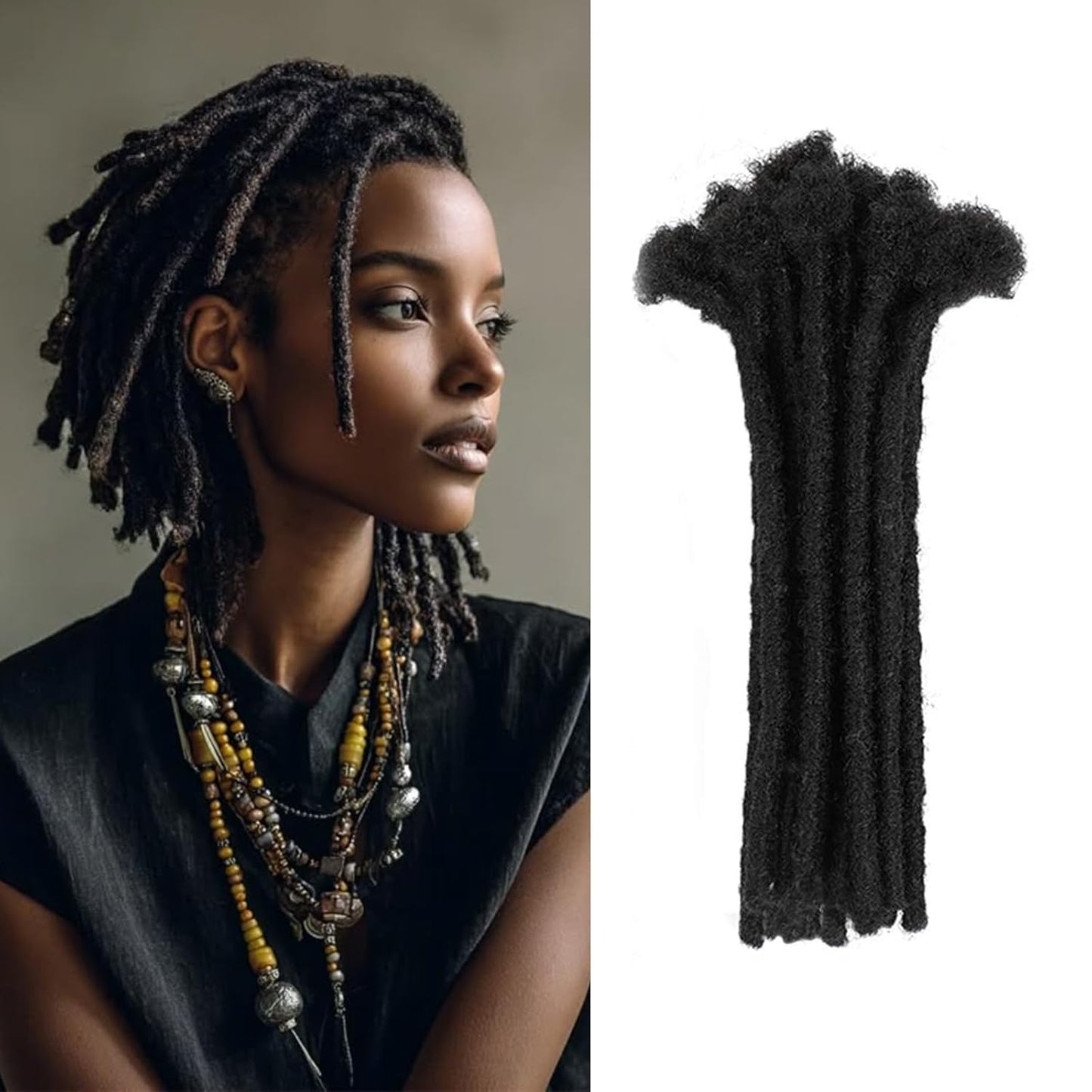 Human Hair Dreadlock Extensions - 0.6cm Thickness, 4 Inch, 60 Strands, Full Handmade, Natural Black | Dye & Bleach Friendly