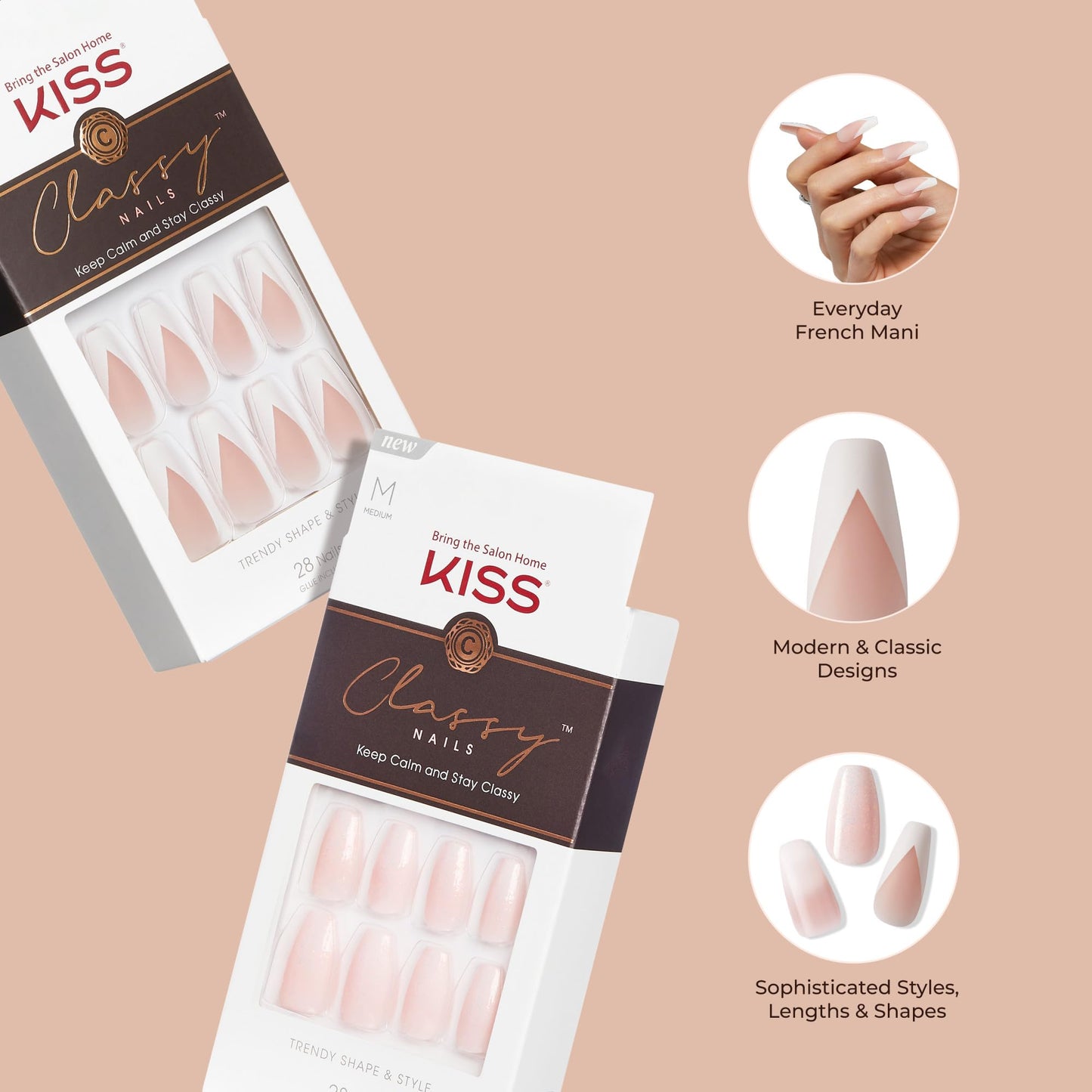 KISS Classy French Nail Manicure Kit with Gel Finish, Long, Coffin Shaped, Includes Mini Nail File, Manicure Stick, 28 Fake Nails & Pink Glue (Net Wt. 2 g), 'Be-You-Tiful', 28 Count