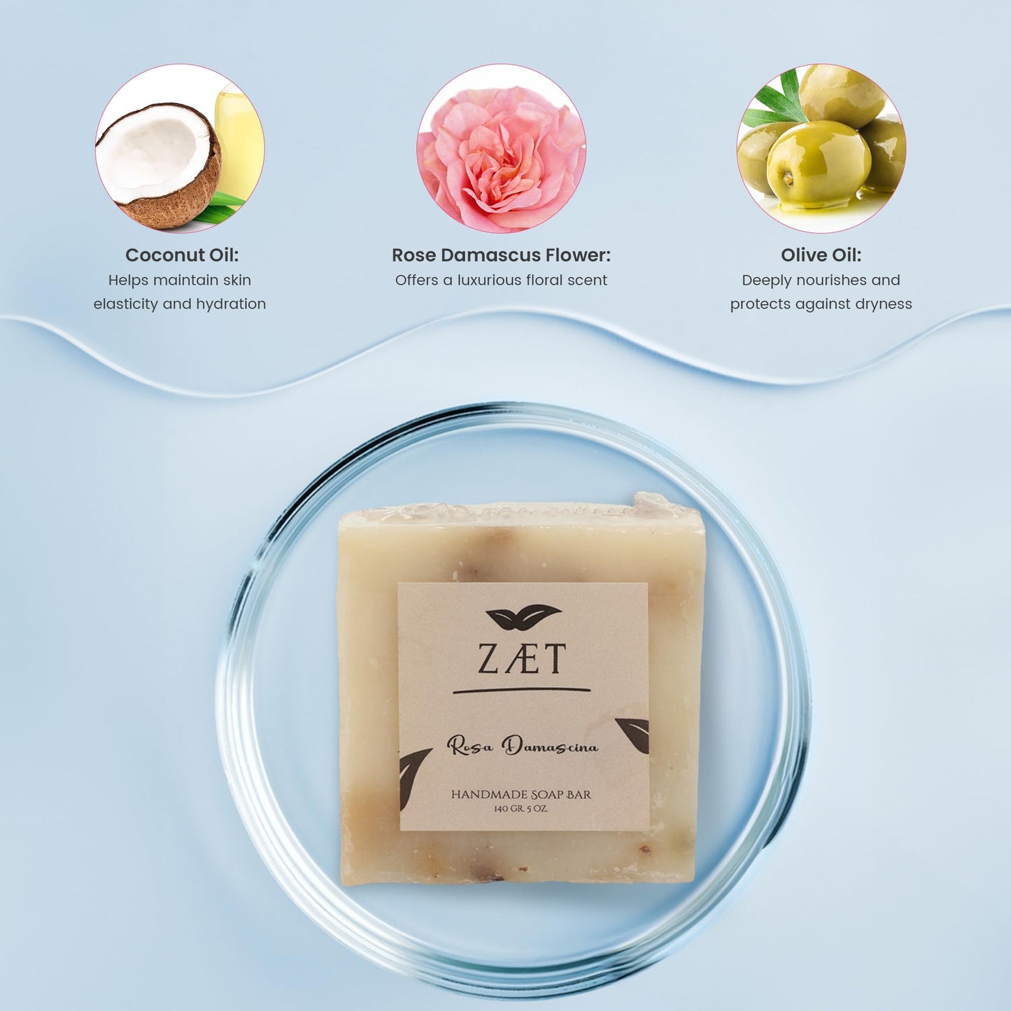 ZÆT 8-Pack Rose Damascene Bar Soap – Natural Rose Extract with Olive Oil and Coconut Oil - Handmade Soap Bar for Face and Body - Gently Cleanses and Hydrates All Skin Types- For Men and Women