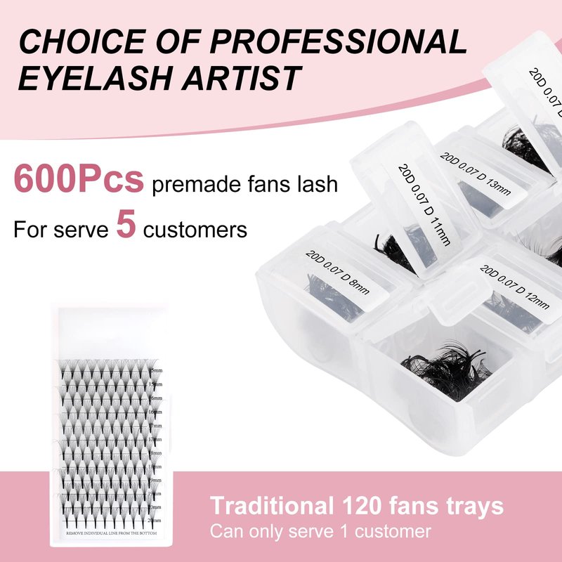 FADLASH 20D Premade Fans Eyelash Extensions - 600pcs Mixed Tray (20D-0.07D-8-15mm) D Curl Volume Lash Extensions