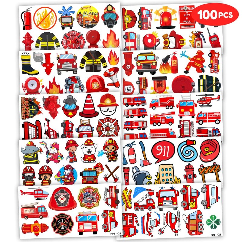 100 PCS Firetruck Temporary Tattoos for Kids - Firefighter Theme Birthday Party Supplies, Firehouse Stickers Favors & Decorations for Boys Girls School Rewards