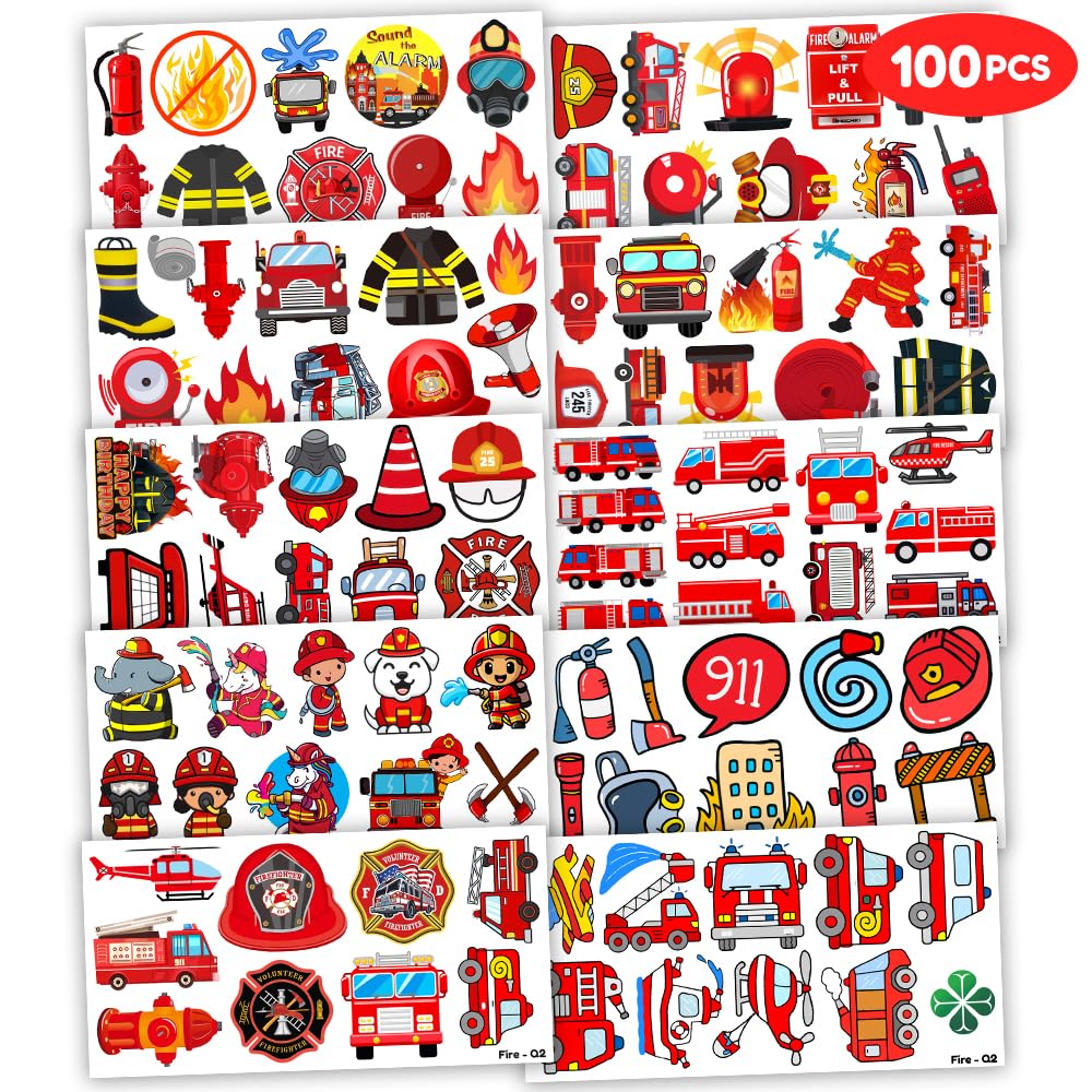 100 PCS Firetruck Temporary Tattoos for Kids - Firefighter Theme Birthday Party Supplies, Firehouse Stickers Favors & Decorations for Boys Girls School Rewards
