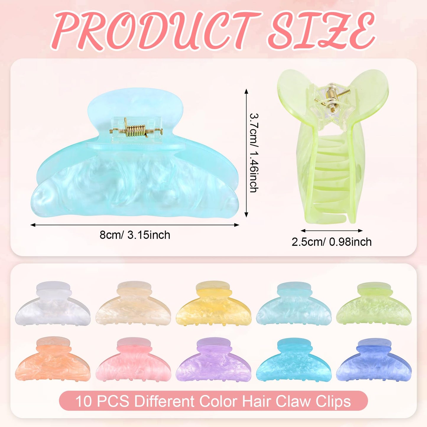 10 PCS Acrylic Hair Claw Clips Cute Non-slip Large Claw Clamps Bulk French Shimmering Stylish Barrettes Big Strong Hold No Slip Hair Clips for Women Girls Thick or Thin Hair Home Out Headpiece