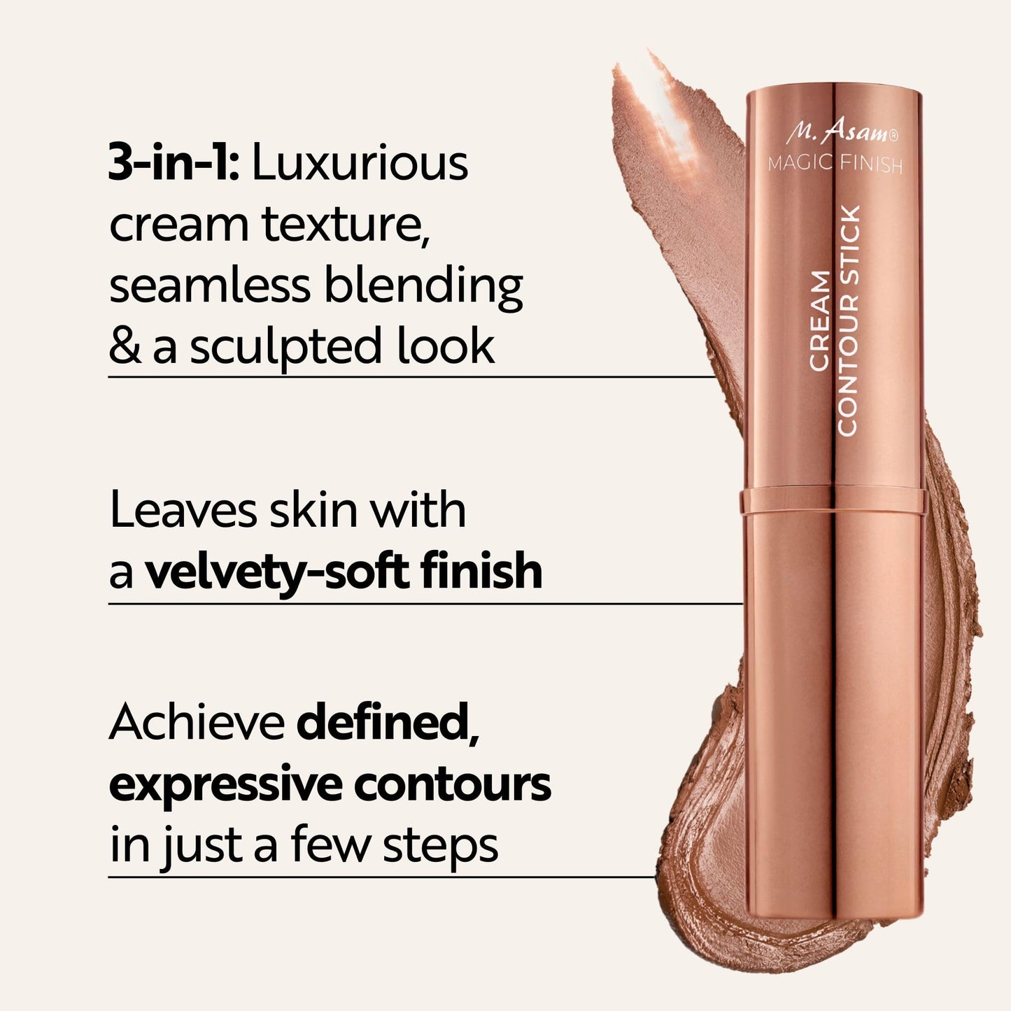 M. Asam MAGIC FINISH Cream Contour Stick light medium (0.28 Oz)- creamy contour stick for a defined face shape, creates optical shadows, bronzer stick with moisturizing hyaluronic acid, vegan