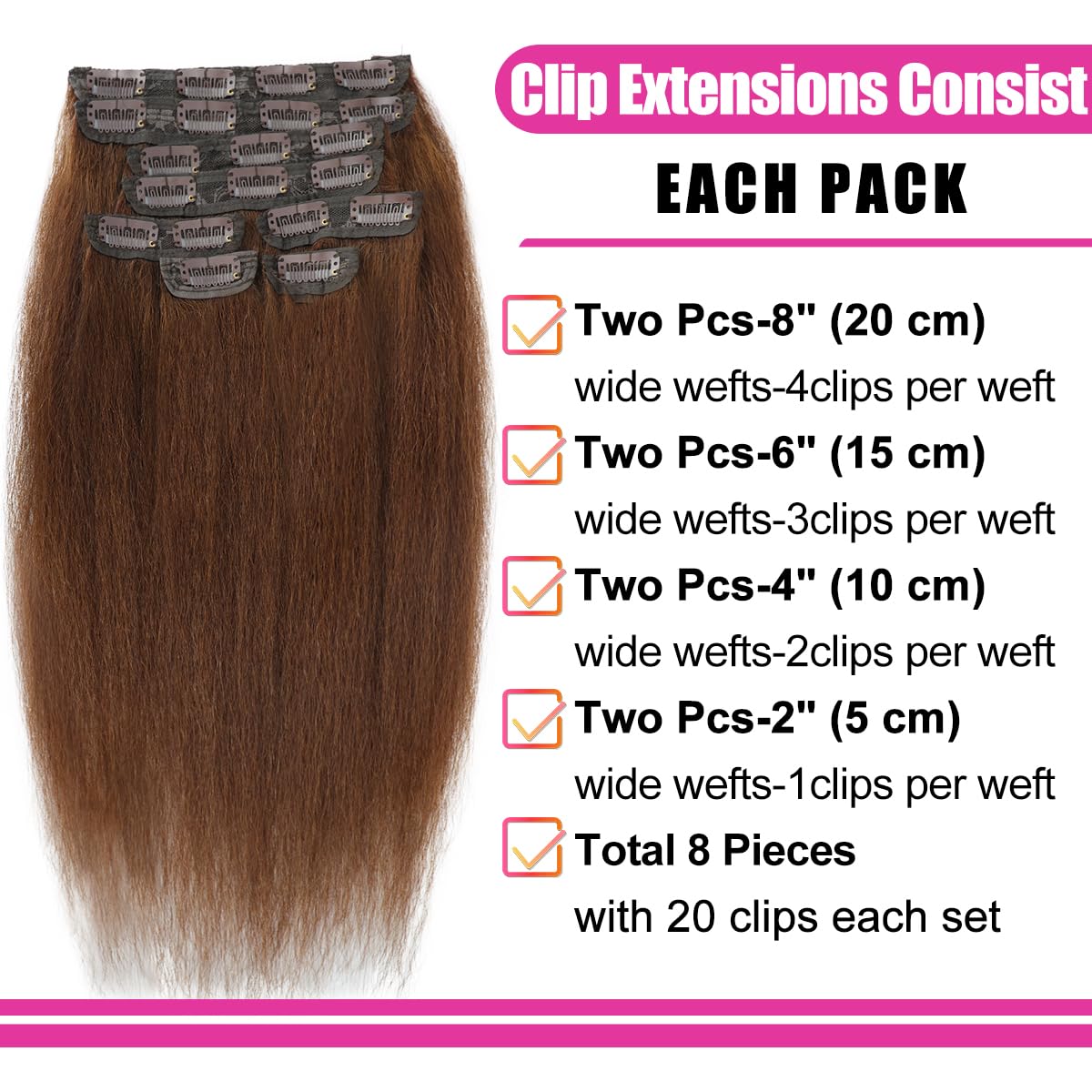 18 Inch Brown Kinky Straight Clip in Hair Extensions Real Human Hair for Black Women 100g Yaki Straight human hair clip in extensions double weft