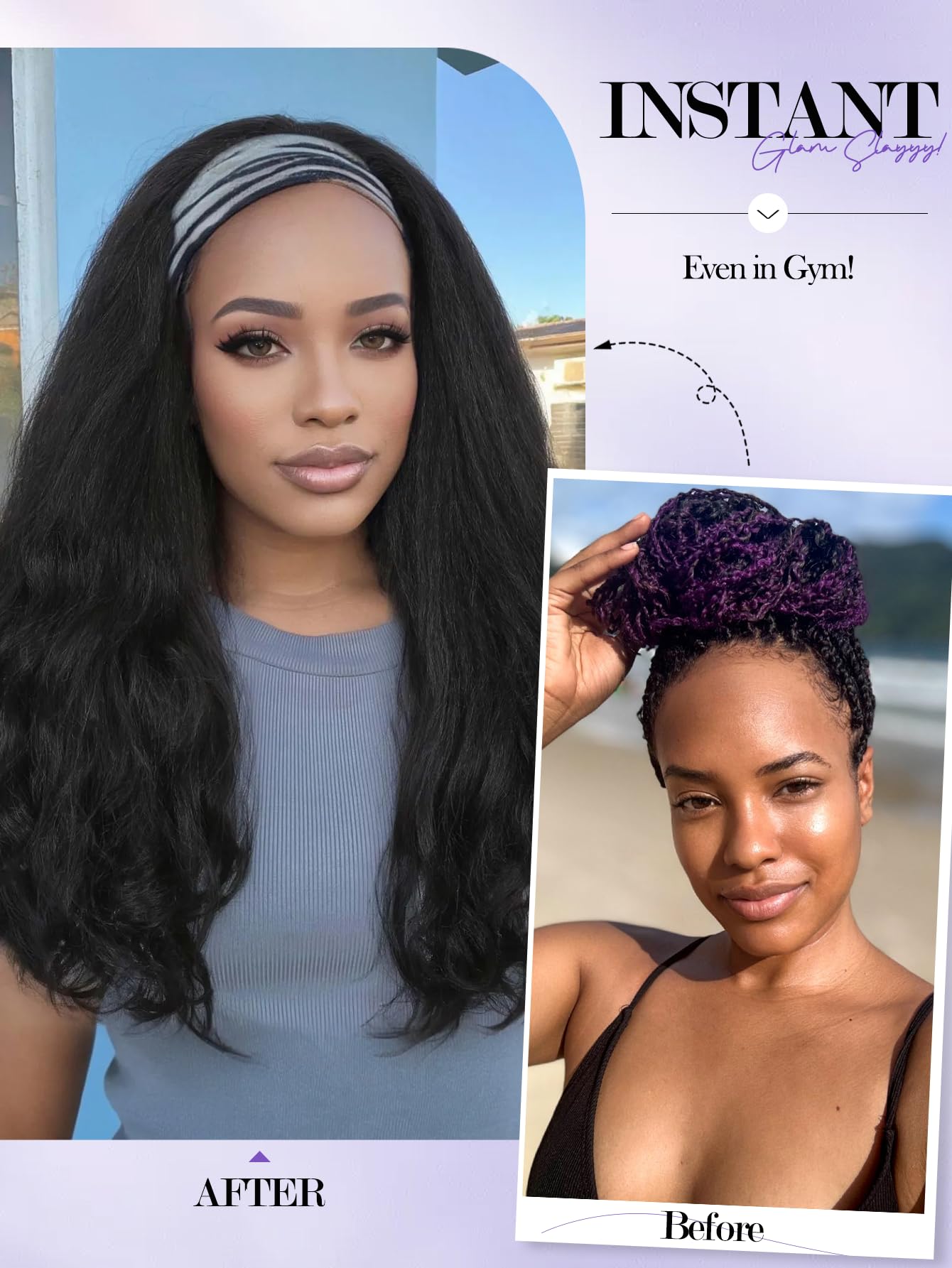 FANCEE Yaki Wavy Headband Wigs for Black Women 26 Inch Black Kinky Straight Wear and Go Wig with Curly Wavy Ends Synthetic Glueless Half Wig with Headbands Attached Blow Out Style Natural Hair Texture