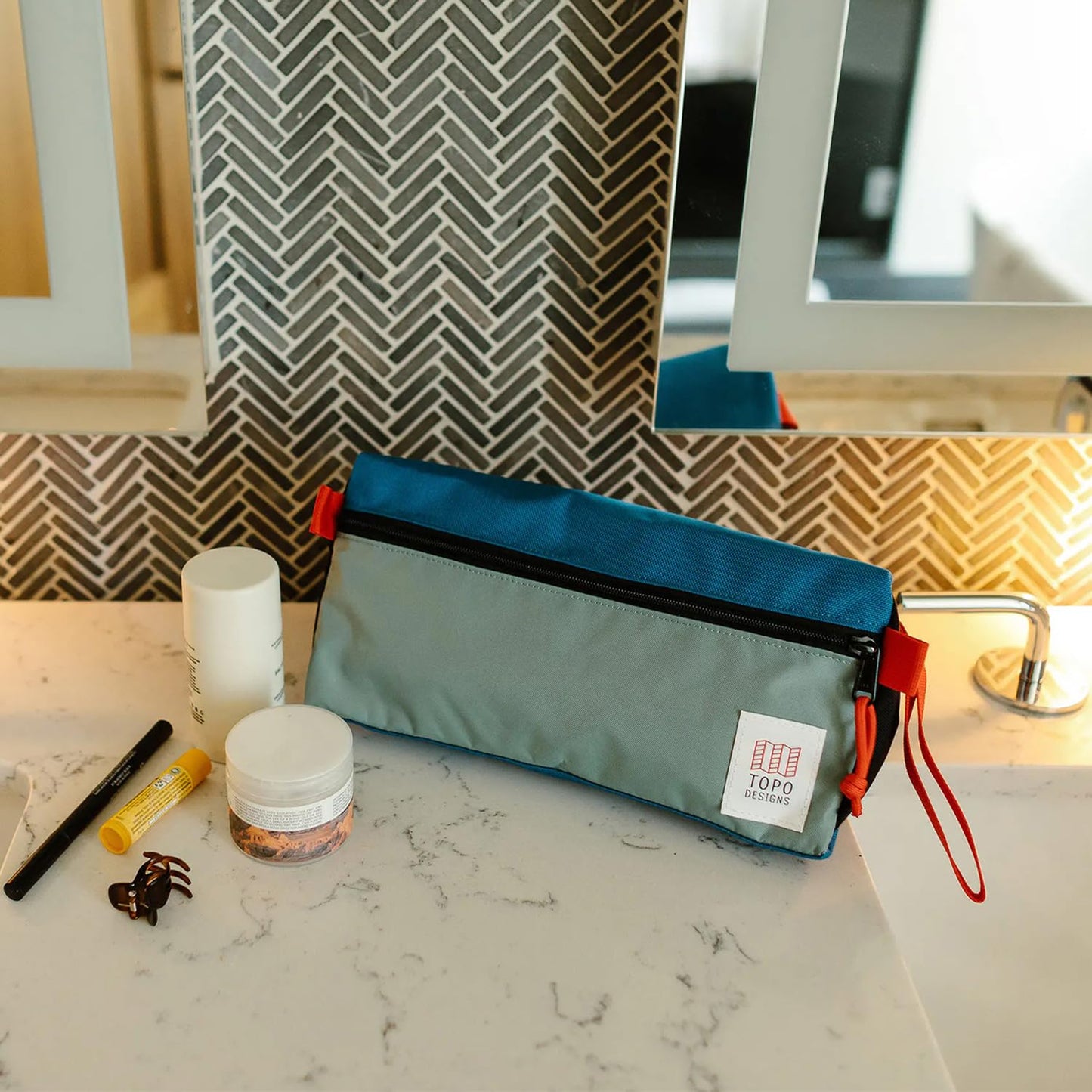 Topo Designs Dopp Kit - Travel Bag for Personal Care Essentials, Self Standing Triangular Shape, Fully Lined for Easy Cleaning, Recycled Nylon (Navy)
