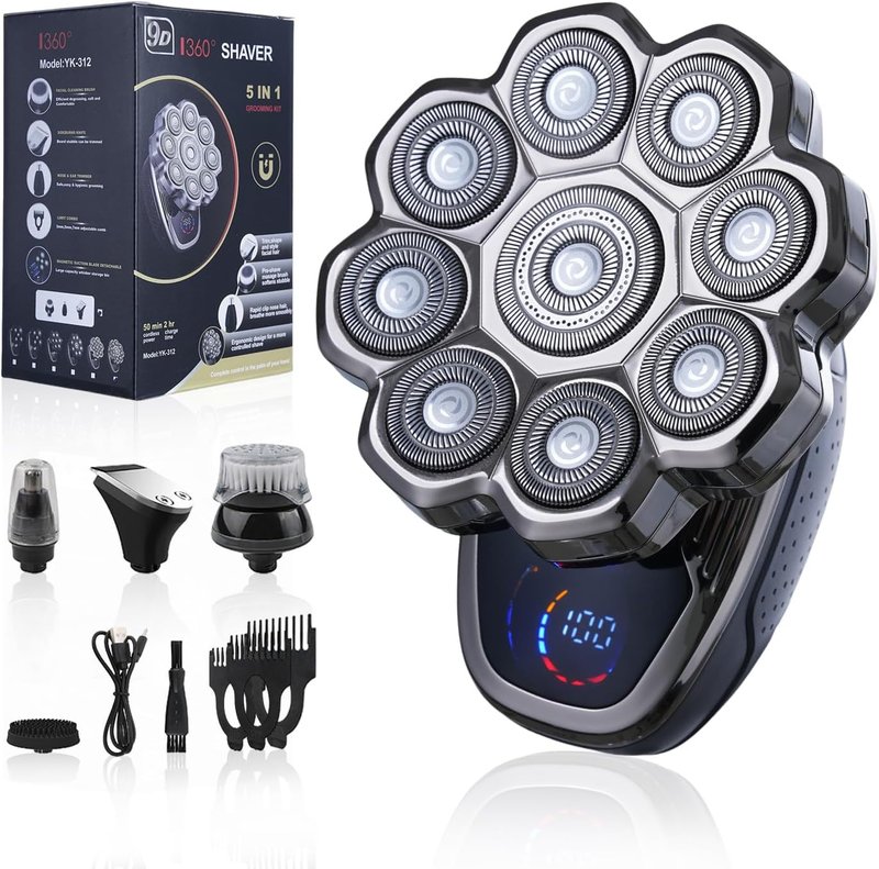 9D Head Shaver for Bald Men - 5-in-1 Electric Razor | IPX6 Waterproof, LCD Display, Type-C Rechargeable Grooming Kit