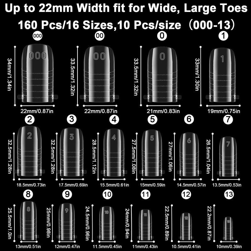 160 Pcs Toe Dual Nail Forms for Poly Gel & Builder Gel Toenail Extension - 16 Sizes Reusable Full Cover Square Toenails Molds - Professional Pedicure Nail Tips for Salon & DIY at Home