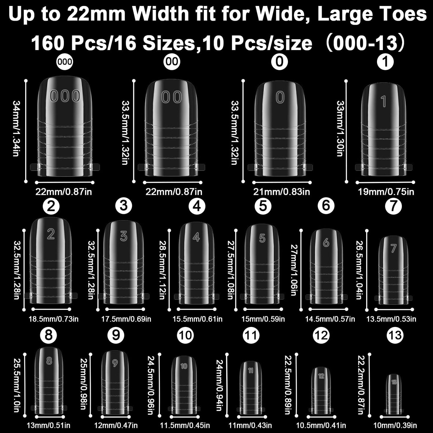 160 Pcs Toe Dual Nail Forms for Poly Gel & Builder Gel Toenail Extension - 16 Sizes Reusable Full Cover Square Toenails Molds - Professional Pedicure Nail Tips for Salon & DIY at Home