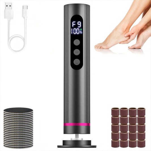 Rechargeable Electric Foot Callus Remover & Nail Drill - 2-in-1 with Digital Display, 9 Settings for Men & Women (Black)
