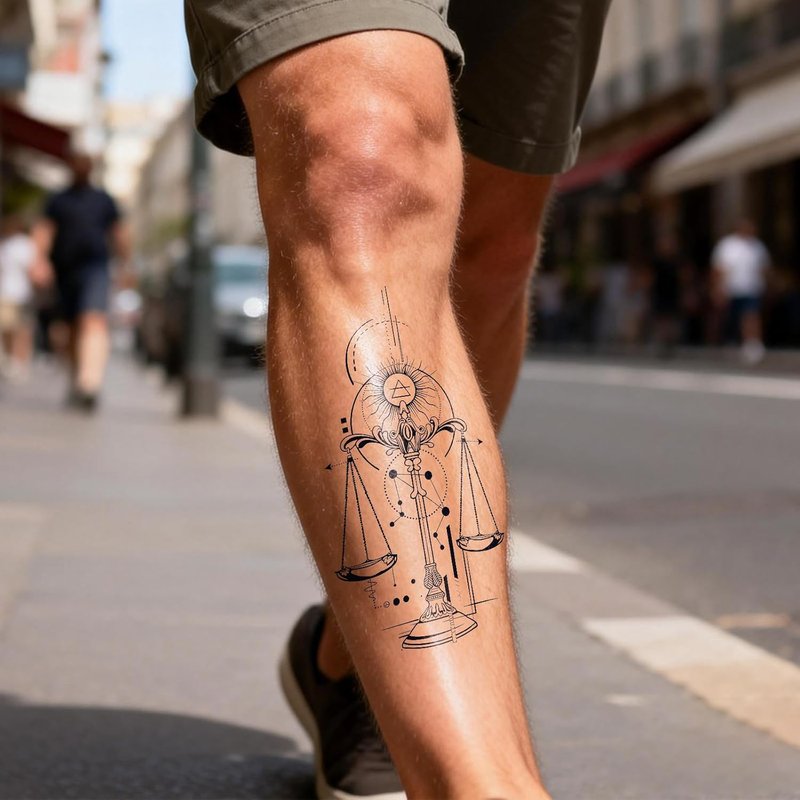 Realistic Sun Balance Scale Temporary Tattoos - 2 Sheets of Waterproof Olive Geometry Design | Lasts 2 Weeks for Men