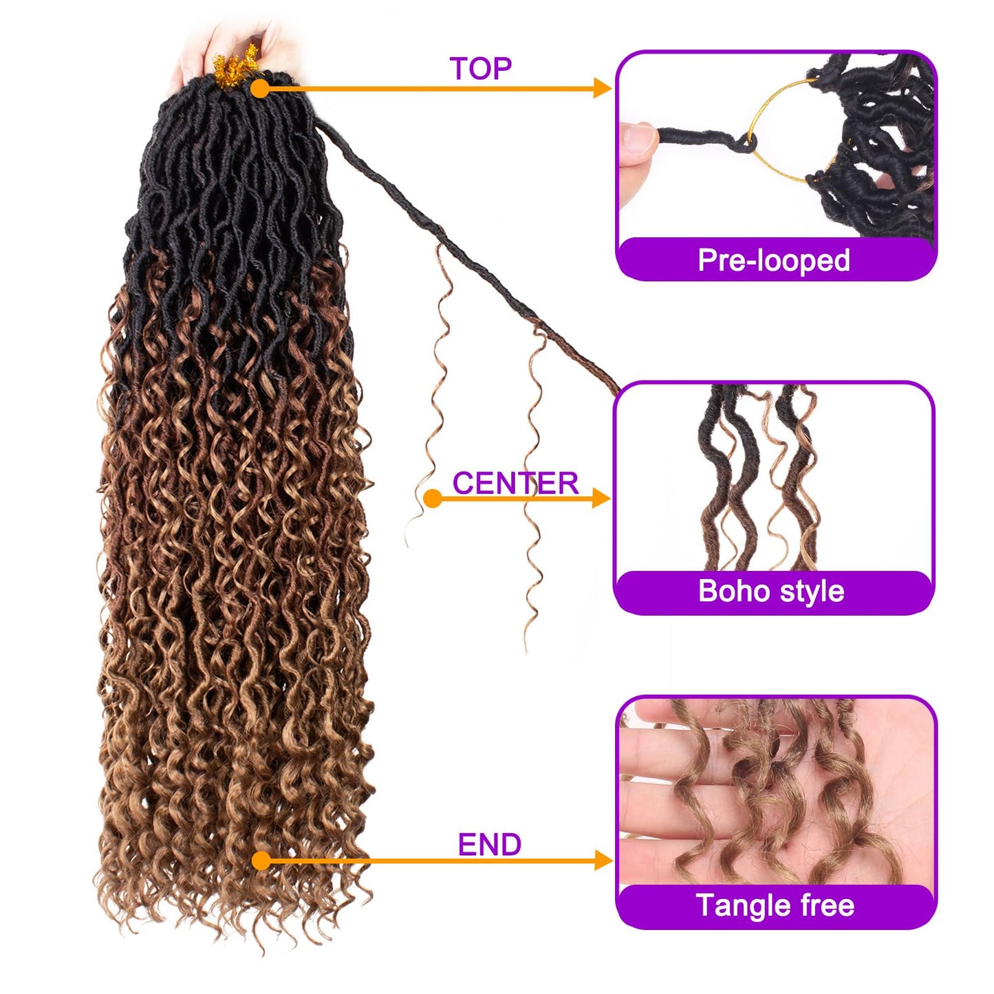 ZRQ 30 Inch Goddess Locs Crochet Hair 8 Packs Ombre Boho Faux Locs Crochet Braids, 3Tone Pre looped Bohmian Locs With Curly End Synthetic Boho River Locs Hair Extension 1B3027#