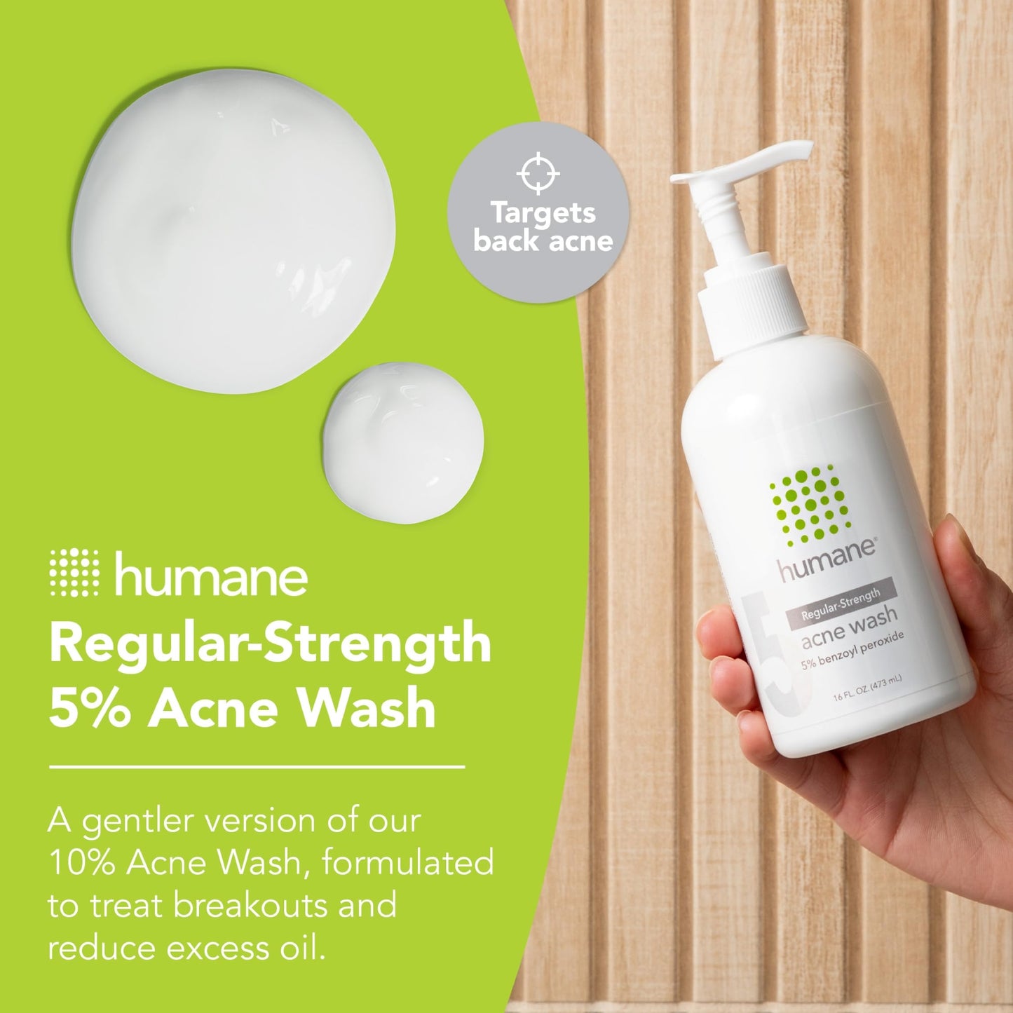 humane Benzoyl Peroxide Face Wash - 5% Regular-Strength Acne Face Wash For Skin, Back & Body - 8 Fl Oz - Dermatologist-Tested Non-Foaming Cleanser - Benzoyl Peroxide Acne Treatment - Cruelty-Free