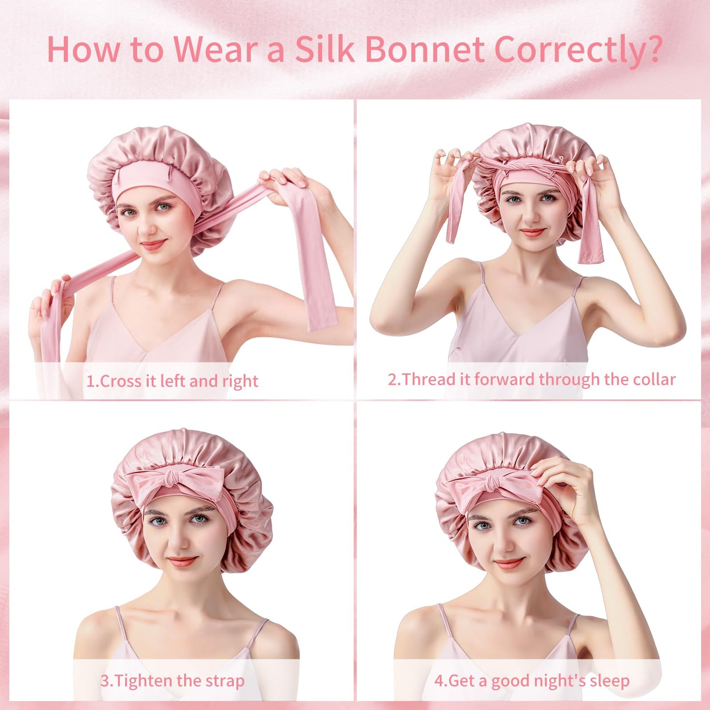 Silk Bonnet for Sleeping Women, 22 Momme 100% Mulberry Silk Sleep Cap with 2 Matching Silk Scrunchies, Double-Sided Wearable Hair Bonnet for Night Hair Care and All Hair Types - Lotus-root Pink