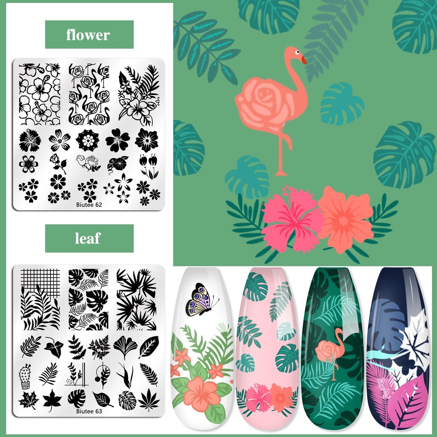 Biutee 15PCS Nail Art Stamping Plate 8 Nail Stamping Gel Polish Nail Stamping Kit Nail Stamper Scraper with Storage Bag, Lace Flower Butterfly Star Design Nail Stamp Template Kit for DIY Nail Art