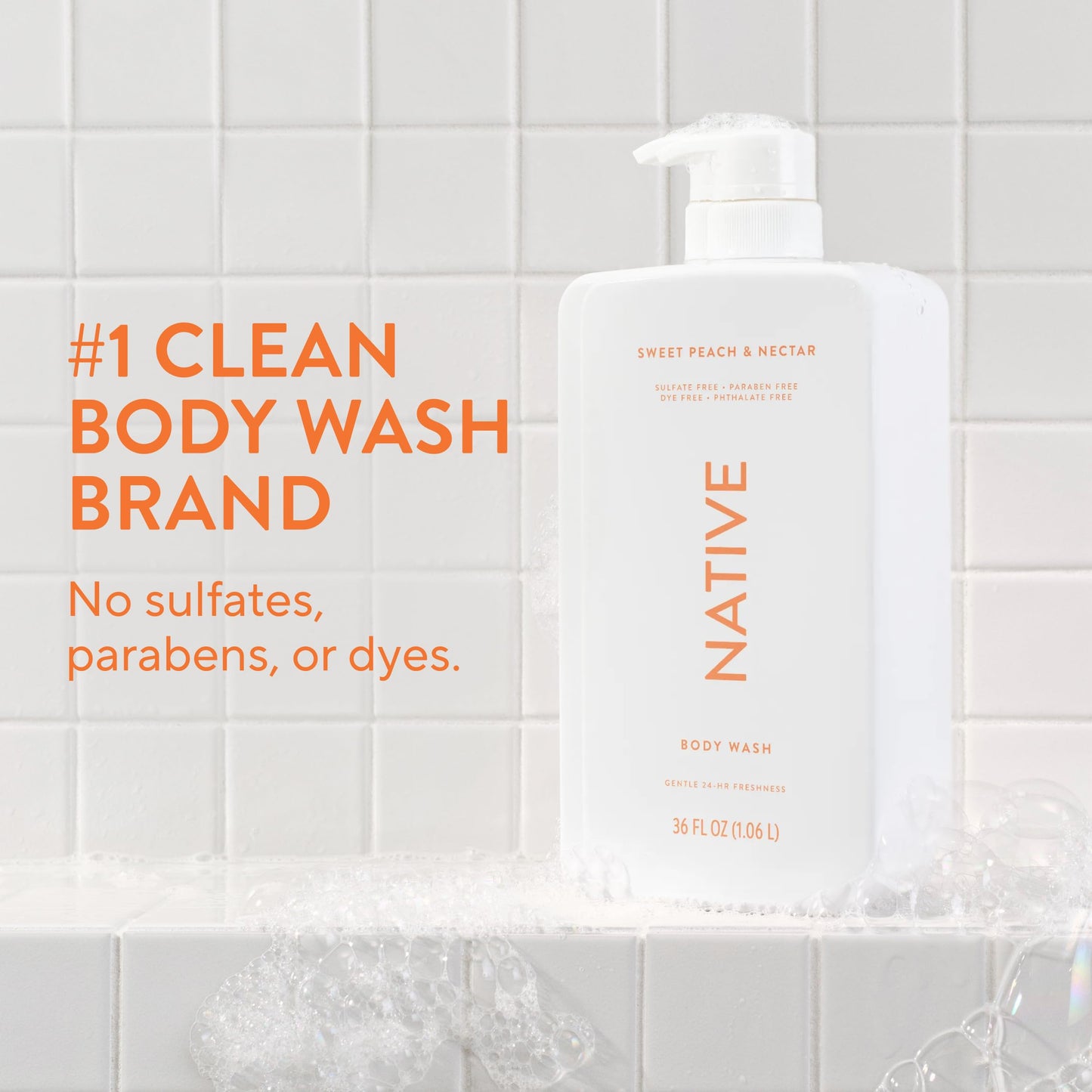 Native Body Wash for Women & Men, Sweet Peach & Nectar, 36 oz Pump Bottle, Sulfate-Free & Gentle