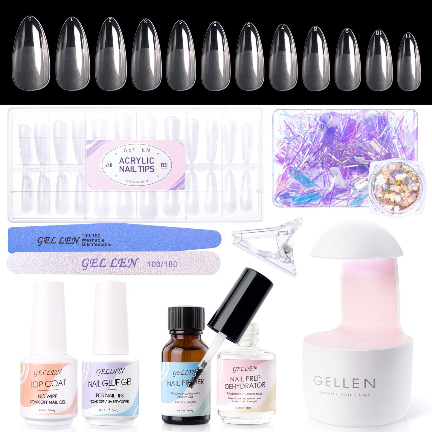 Gellen Gel Nail Extension Kit, 240PCS Almond Tips With UV/LED Lamp