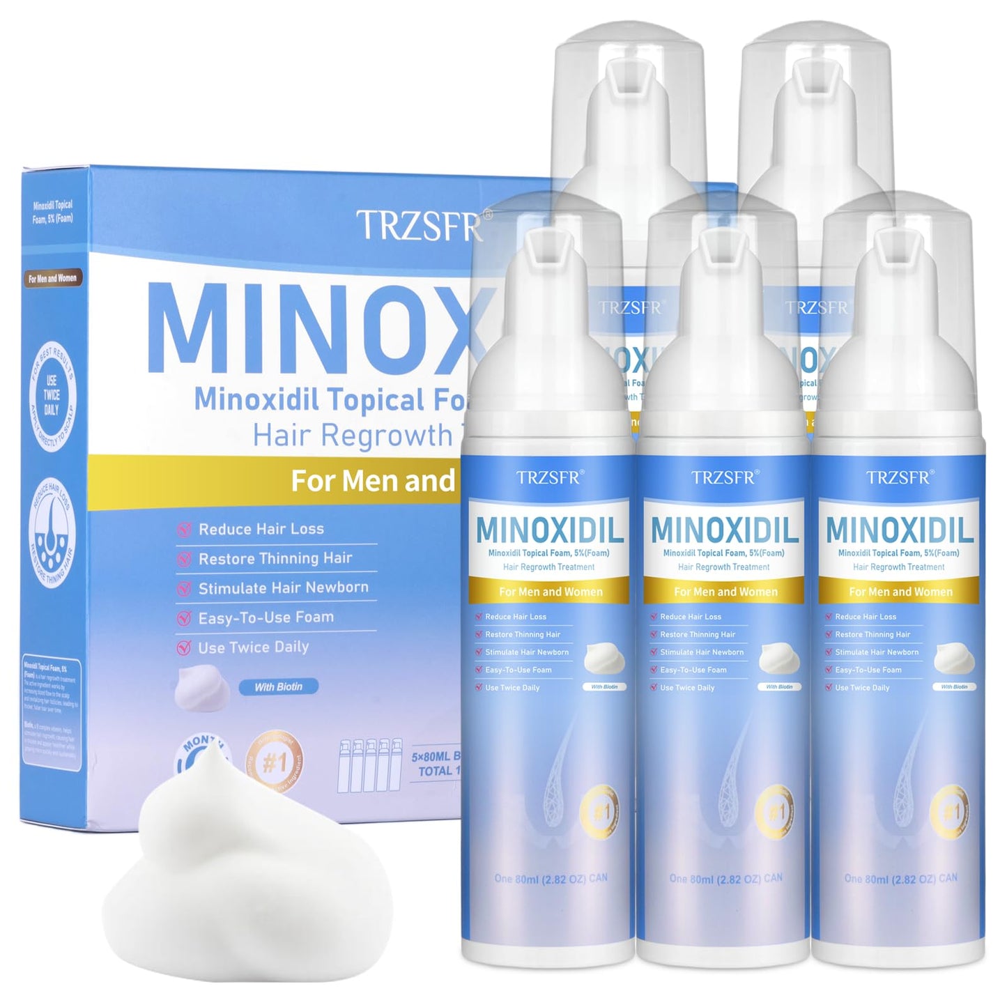 Trzsfr 5% Minoxidil Foam for Men & Women, Hair Regrowth Treatment for Thinning Hair & Beard Growth, Extra Strength Topical Foam, Clinically Proven Hair Loss Treatment, 6 Month Supply (14OZ Total)