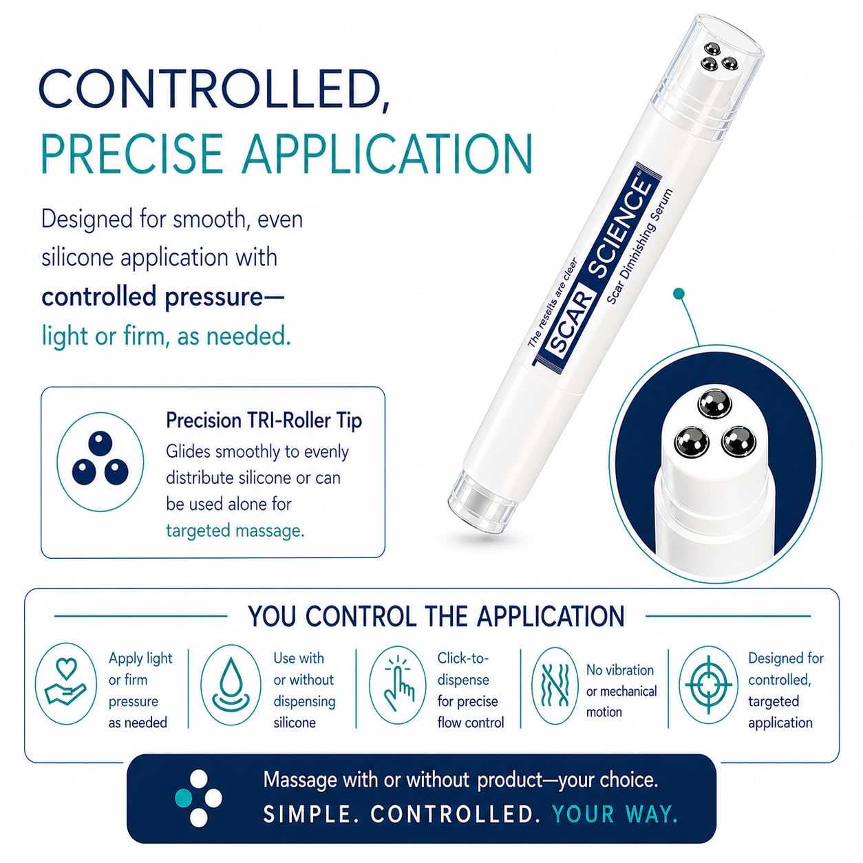 Silicone Scar Gel with Scar-Smoothing Tri-Roller Tip – Designed for Scar Massage – Medical-Grade Silicone for Surgical, C-Section & Acne Scars – Fragrance-Free & Hypoallergenic