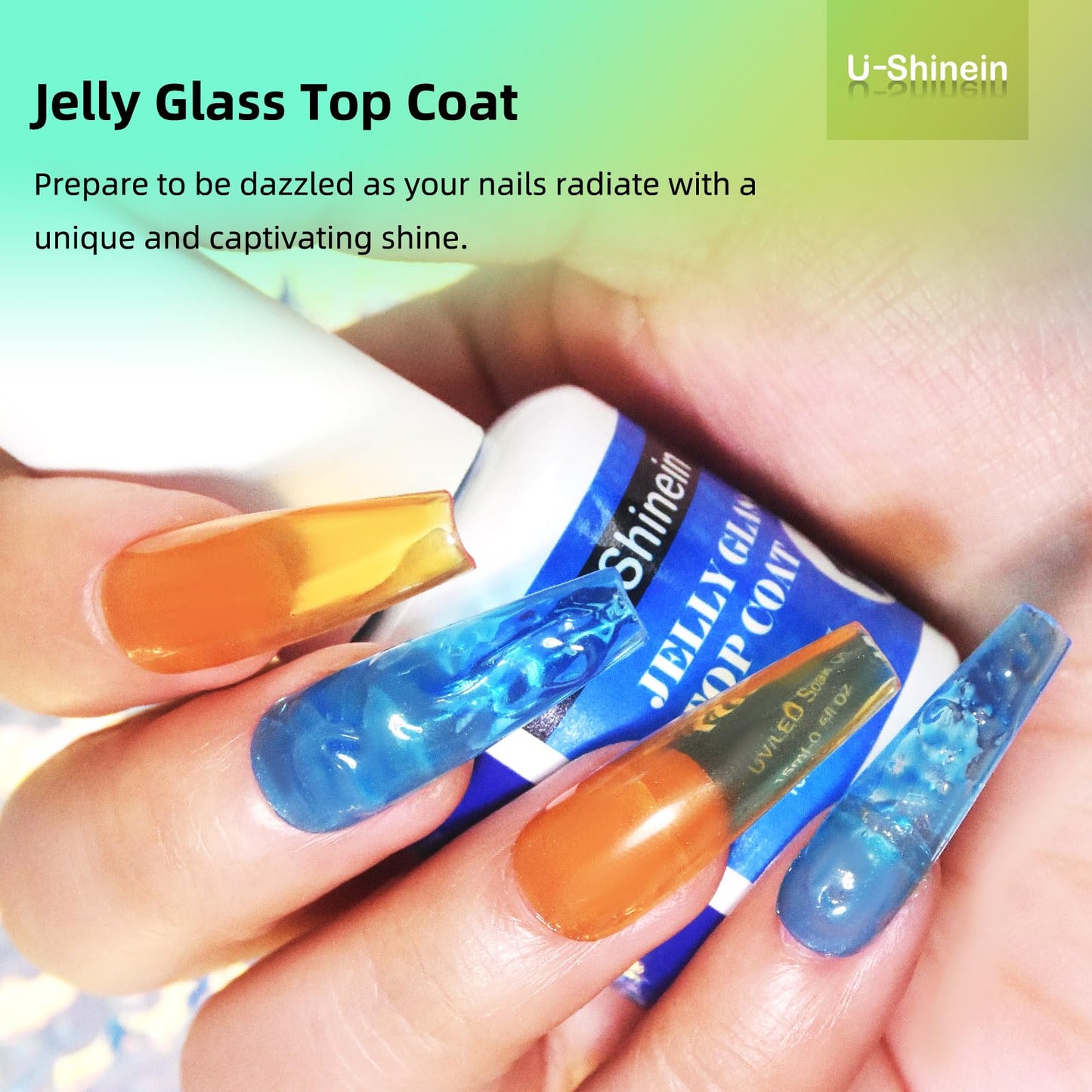 U-Shinein Jelly Gel Nail Polish, Top Coat Gel Nail Polish for Transparent Glass Finish, Sheer Blue Crystal Translucent Polish Jelly Glass Top Coat Soak Off UV/LED for Nail Art Manicure Salon