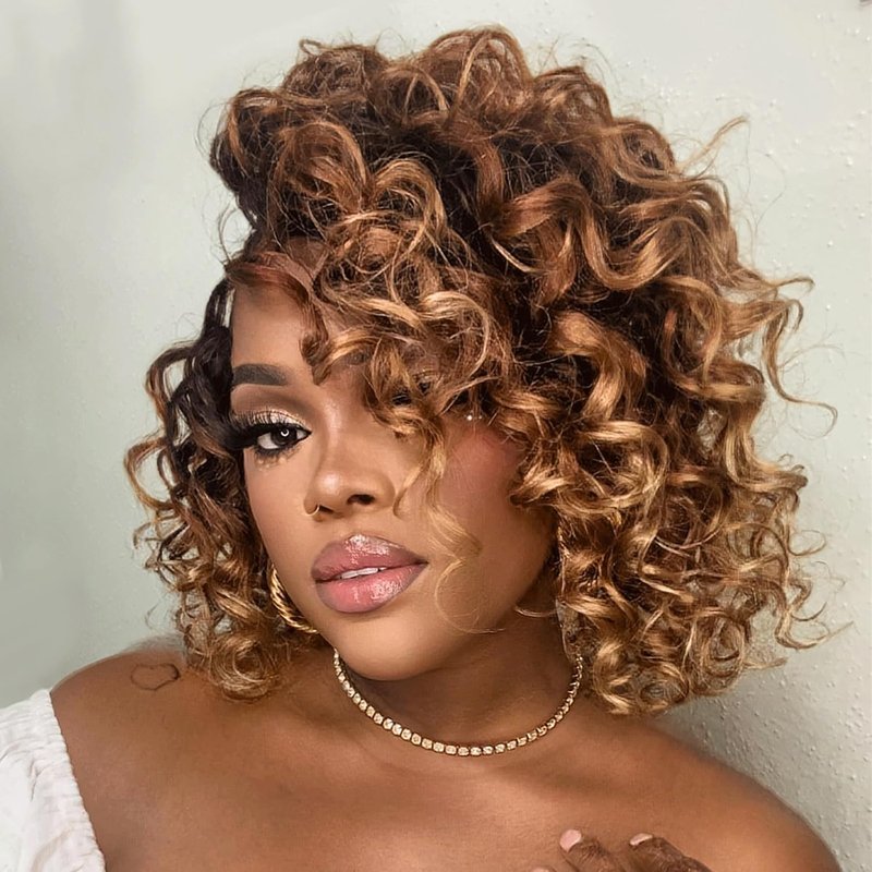 Ocean Wave Crochet Hair Extensions - 9 Inch Ombre Brown Short Curly Deep Wave | 8 Packs, Synthetic (OT30/27)