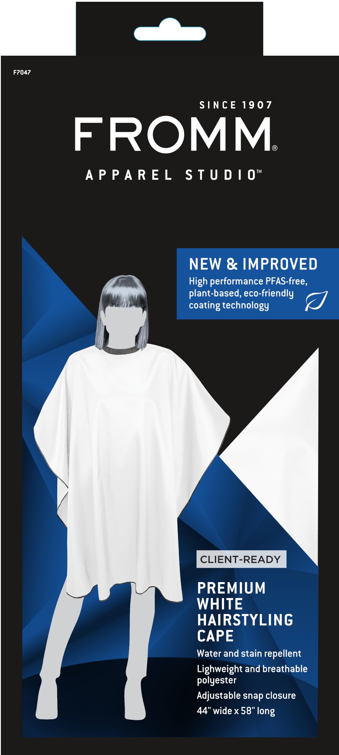 Fromm Professional Client Hair Styling and Hair Cutting Cape, Water and Stain Repellent Teflon Coating for Shampoo Bowl and Wet/Dry Cutting, 44" x 58", White with Black Trim