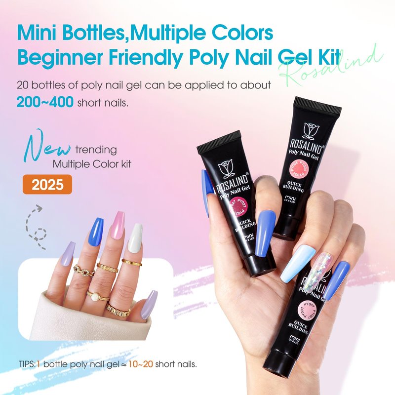 ROSALIND 20 Colors Poly Nail Gel Kit with Mini Nail Lamp Glitter Christmas Poly Nail Gel Kit Collection with Tools Clear All Seasons Classic Colors Halloween Starter Kit