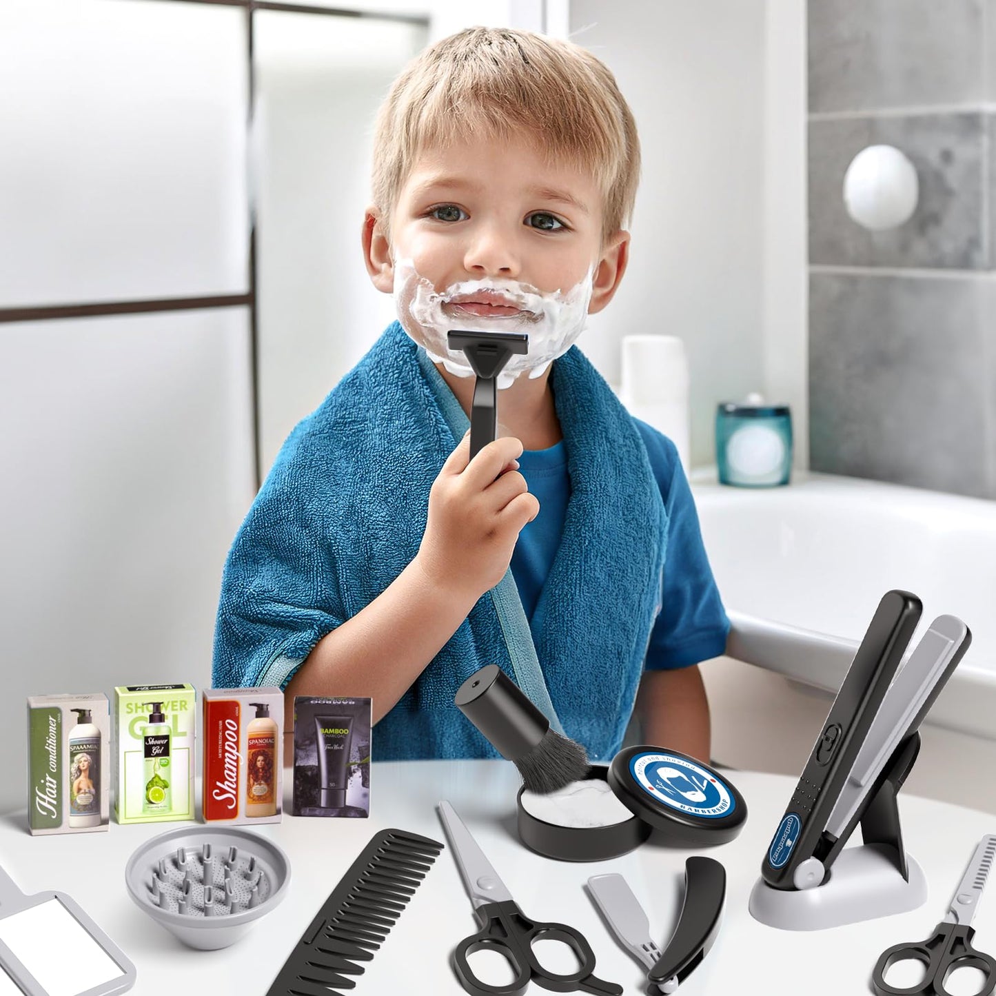 G.C 52Pcs Kids Hair Salon Toys Barber Kit Toddler Pretend Play Hair Cutting Boys Shaving Set with Hairdryer Shaver Razor Flat Iron Clipper Apron Scissors Styling Accessories Birthday Gifts