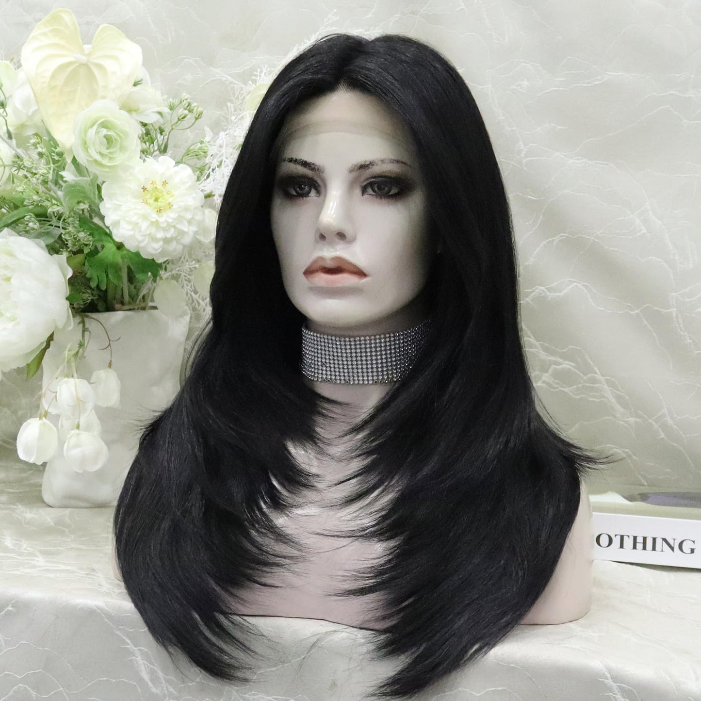 IMSTYLE Jet Black Lace Front Wig: T Part Synthetic Wig, Wolf Cut/Layer Cut Straight Hair Wig 24 Inches Wig