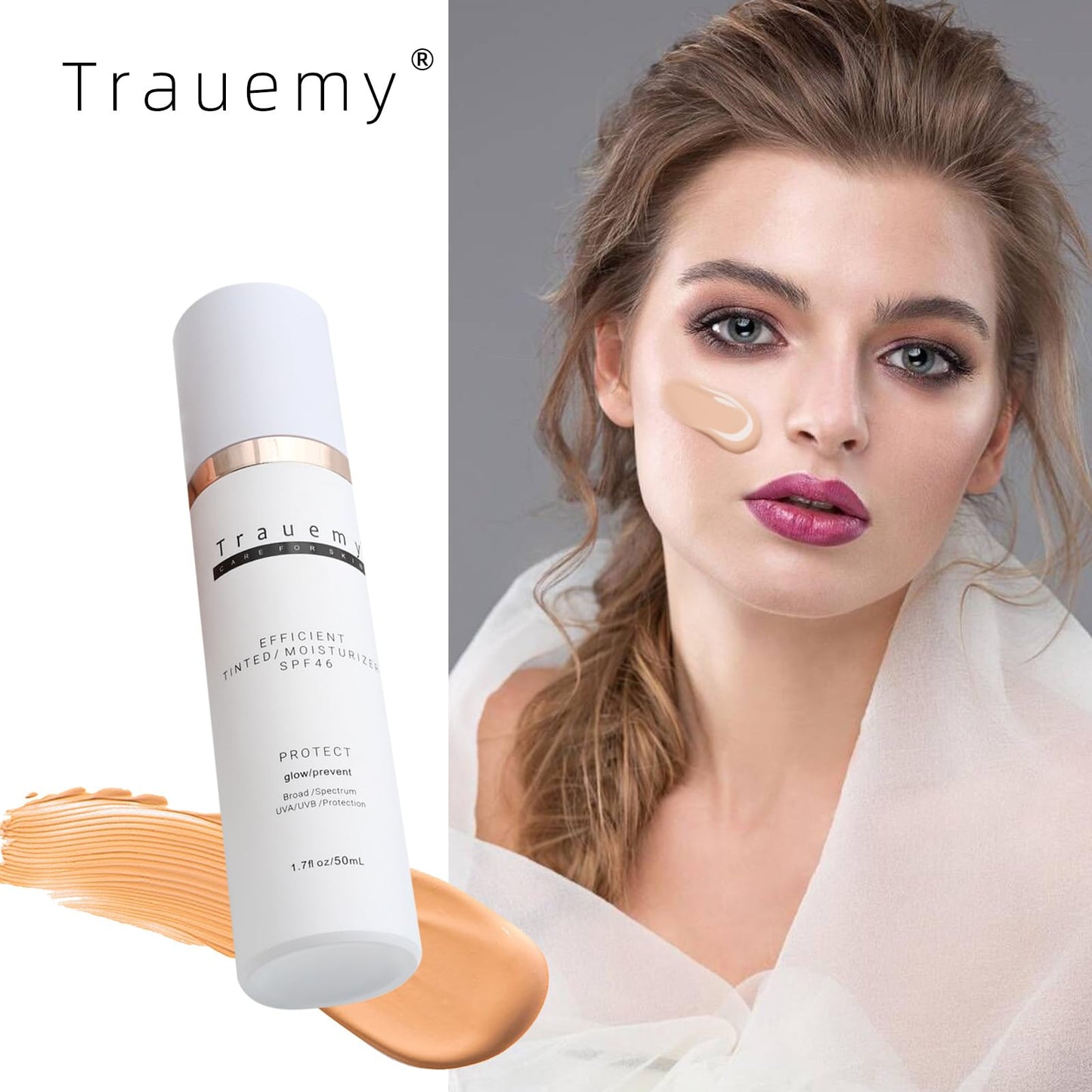 Trauemy Anti-Aging Tinted Face Moisturizer Sunscreen SPF 46 & Hydrating Skin Care & Face Moisturizer - Chemical BB Cream, Water-Resistant-Dewy